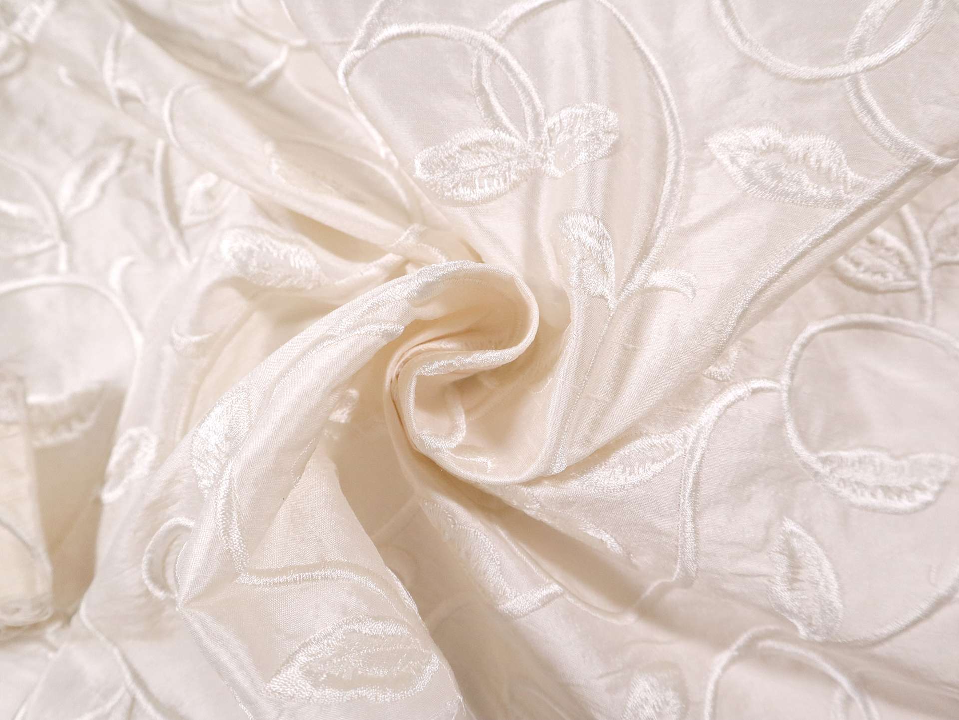 Silk Shantung with Embroidered Leaves in Off White