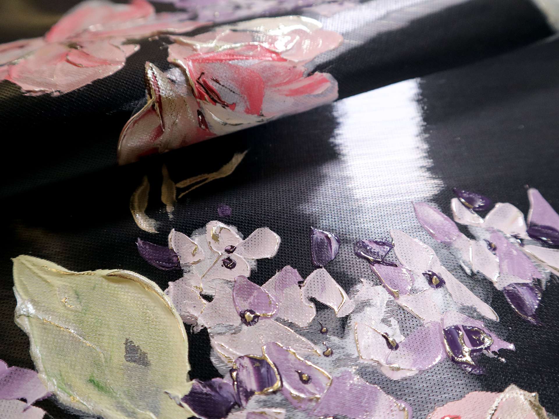 Liquid-Look Satin with Hand Painted Florals on Black