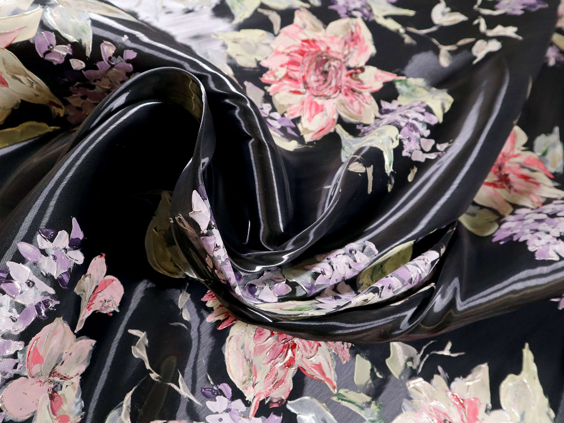 Liquid-Look Satin with Hand Painted Florals on Black