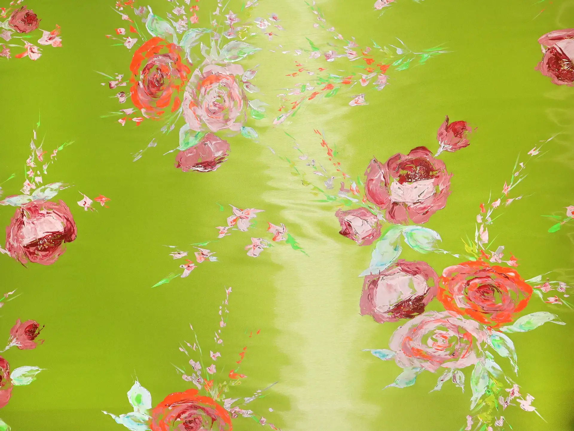 Liquid-Look Satin with Hand Painted Florals on Chartreuse