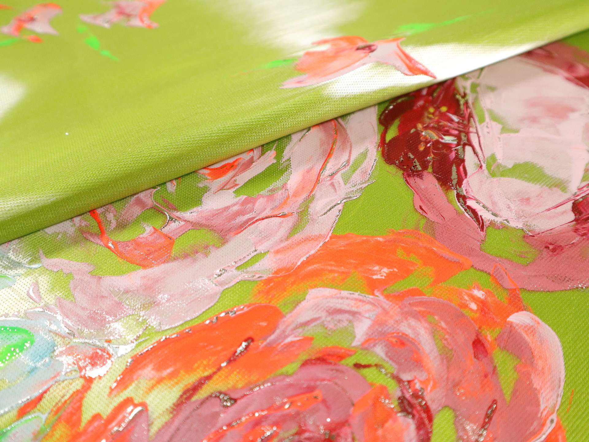 Liquid-Look Satin with Hand Painted Florals on Chartreuse