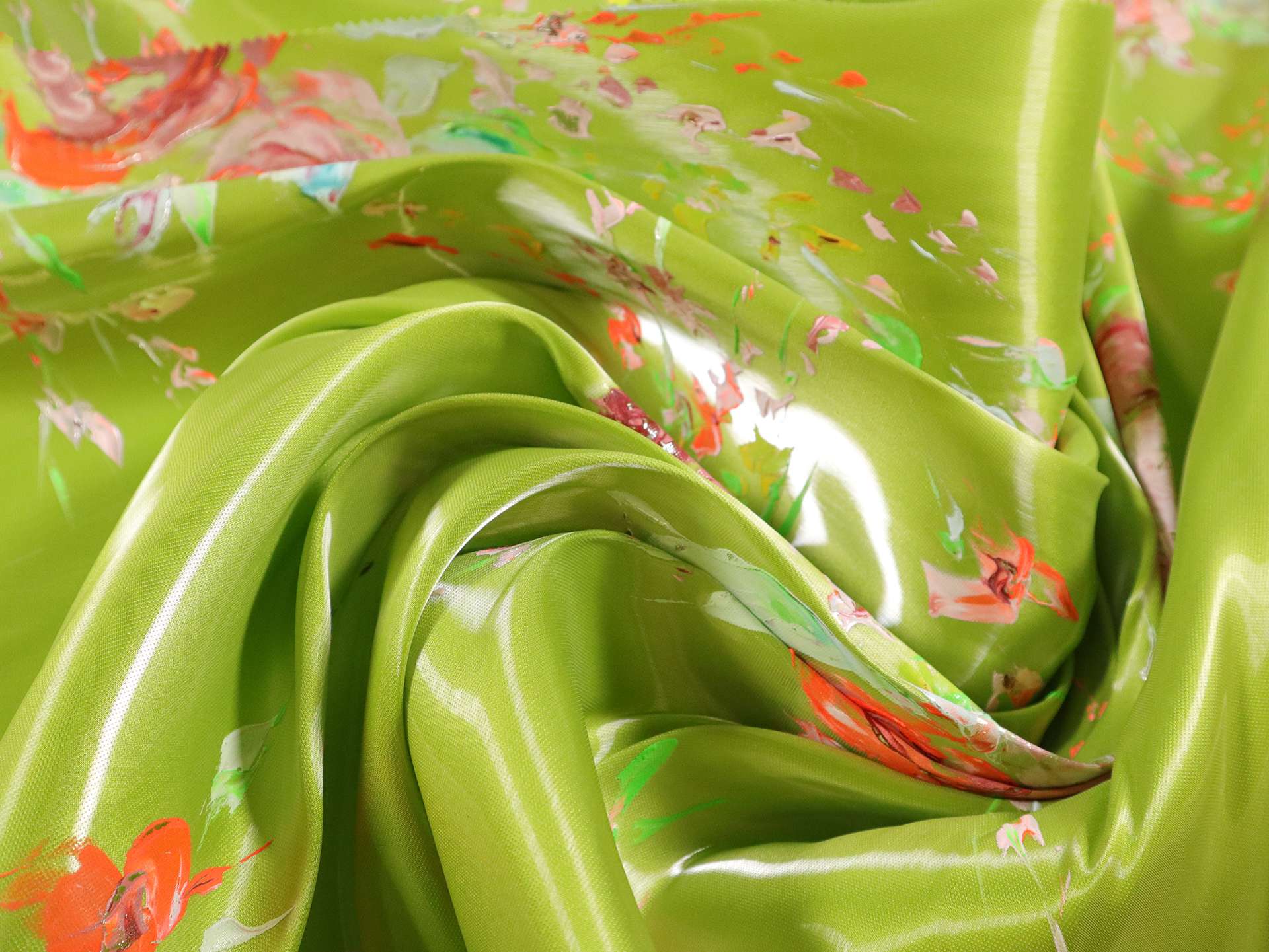 Liquid-Look Satin with Hand Painted Florals on Chartreuse