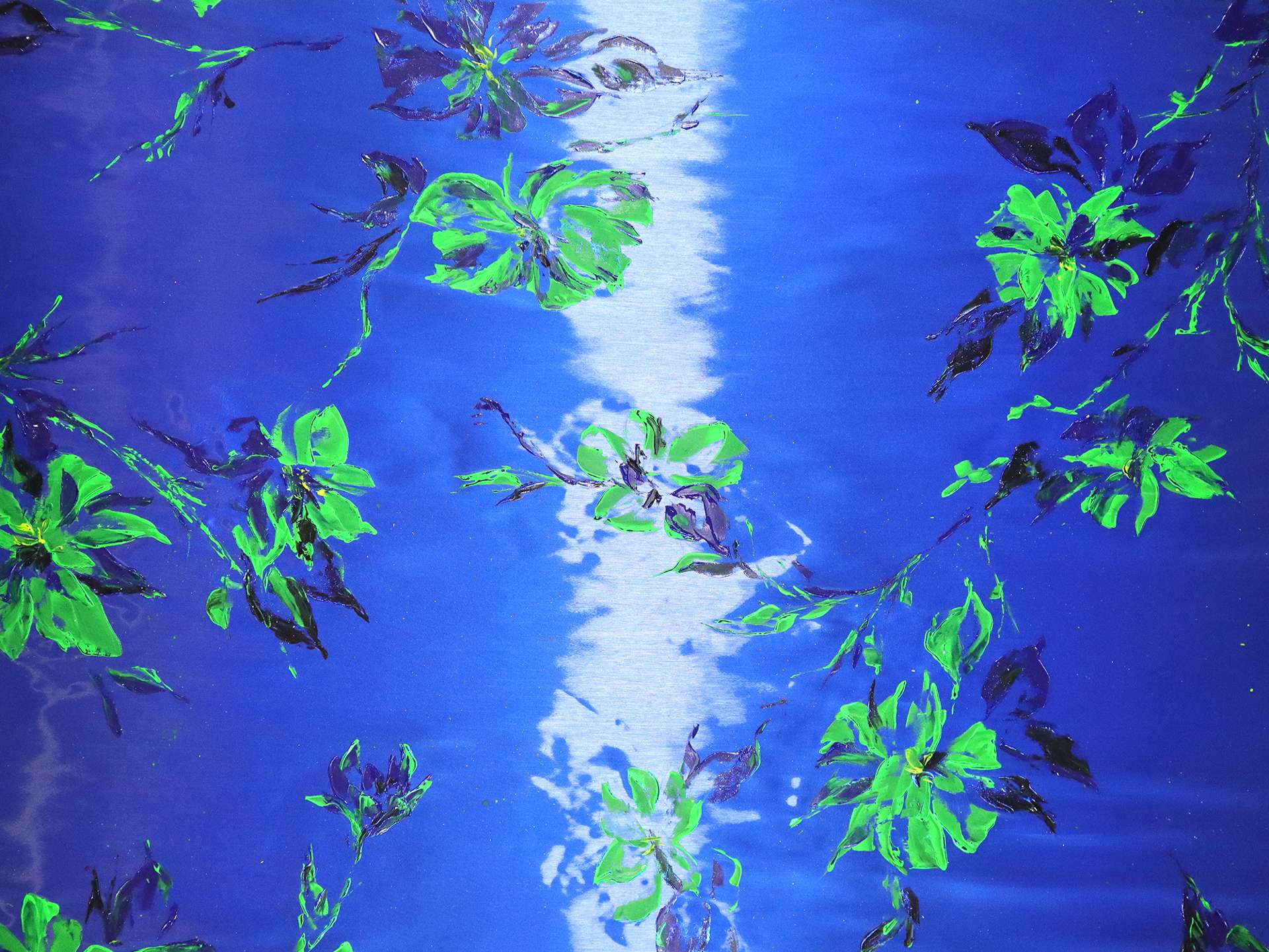 Liquid-Look Satin with Hand Painted Florals on Royal Blue