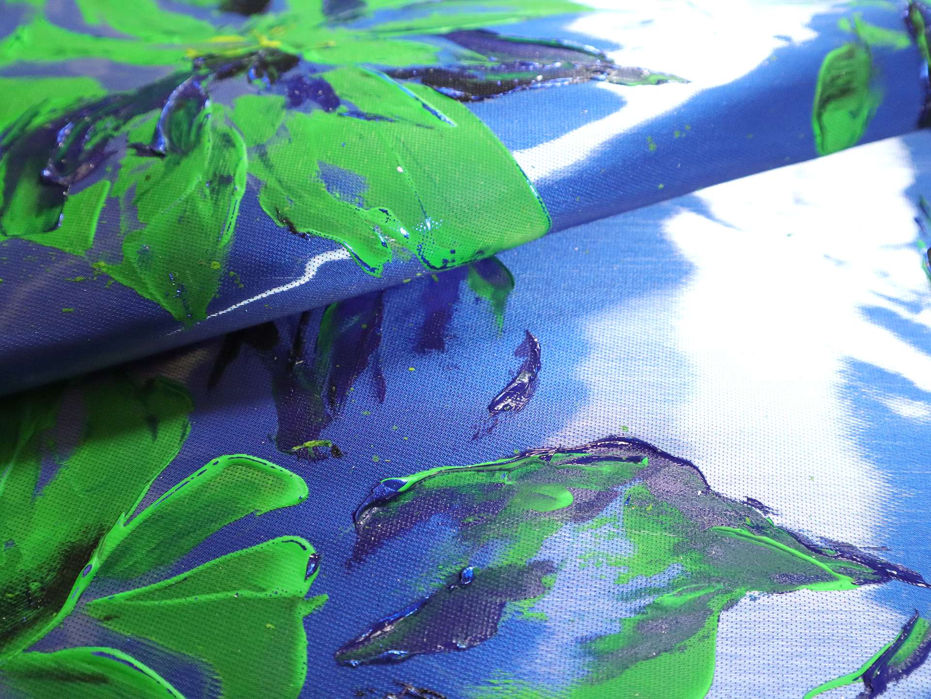 Liquid-Look Satin with Hand Painted Florals on Royal Blue