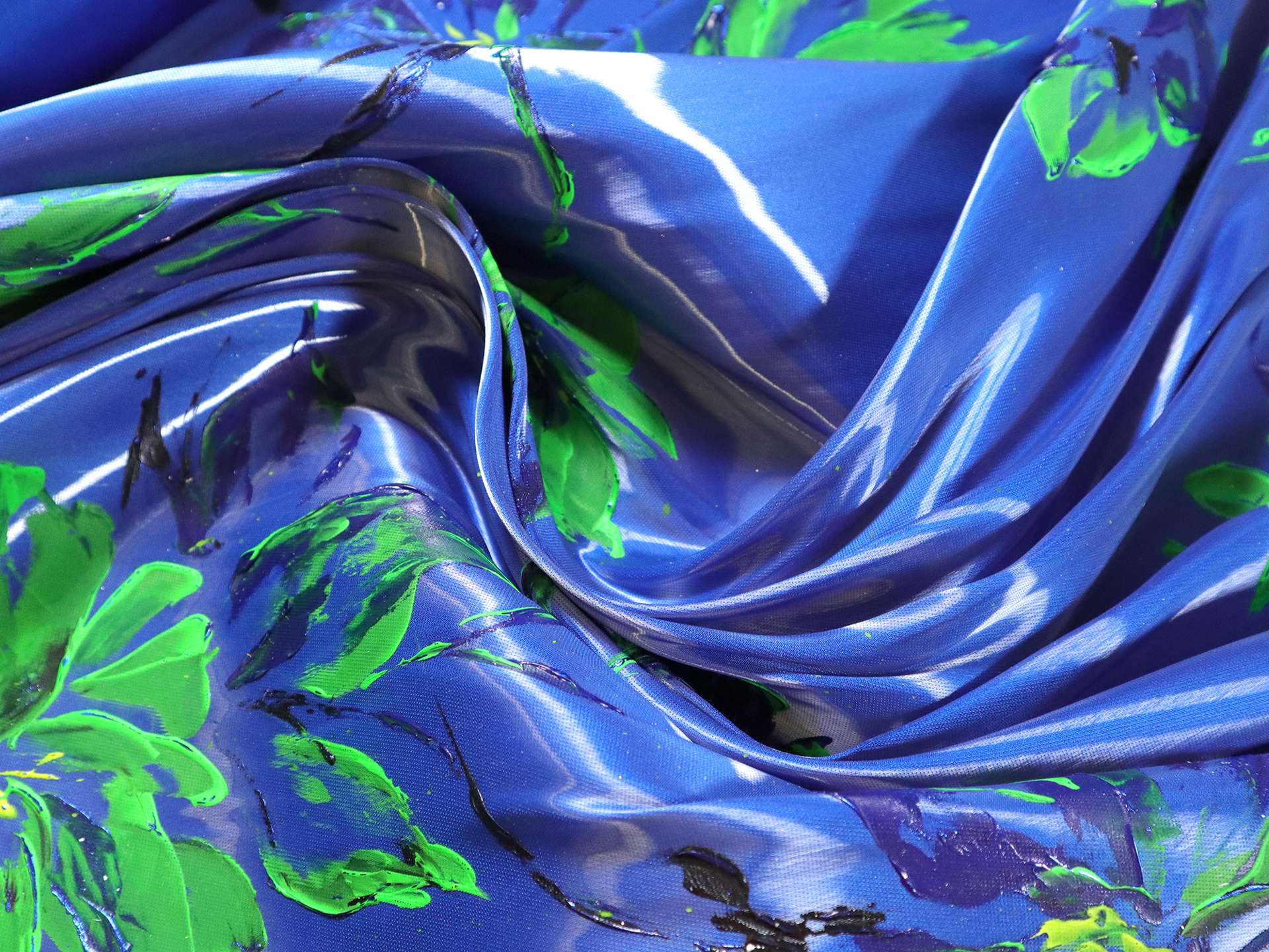 Liquid-Look Satin with Hand Painted Florals on Royal Blue
