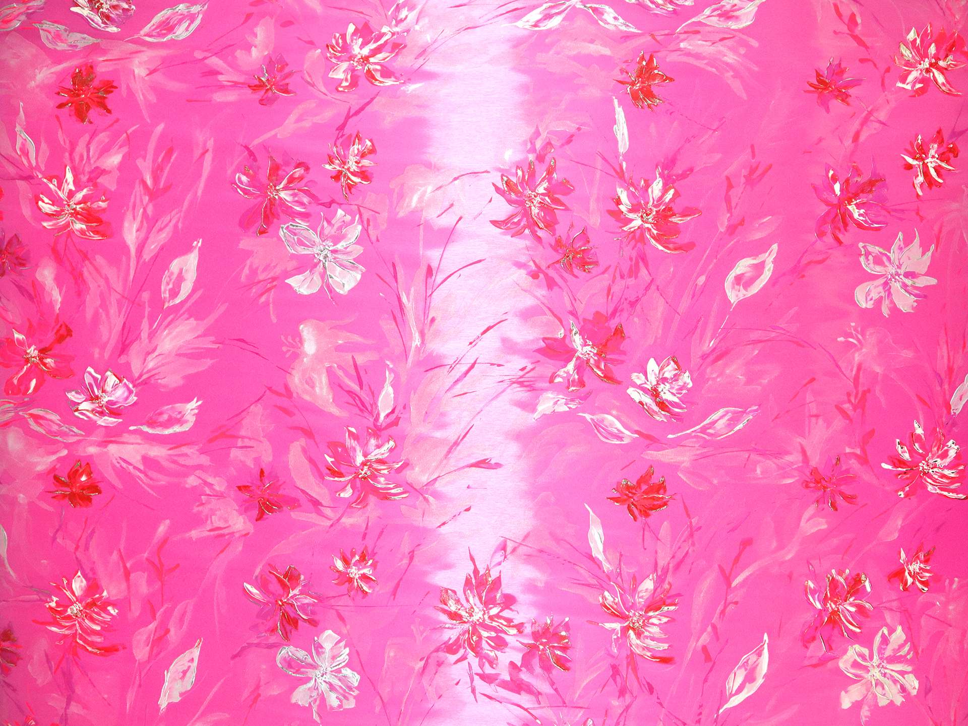Liquid-Look Satin with Hand Painted Florals on Hot Pink