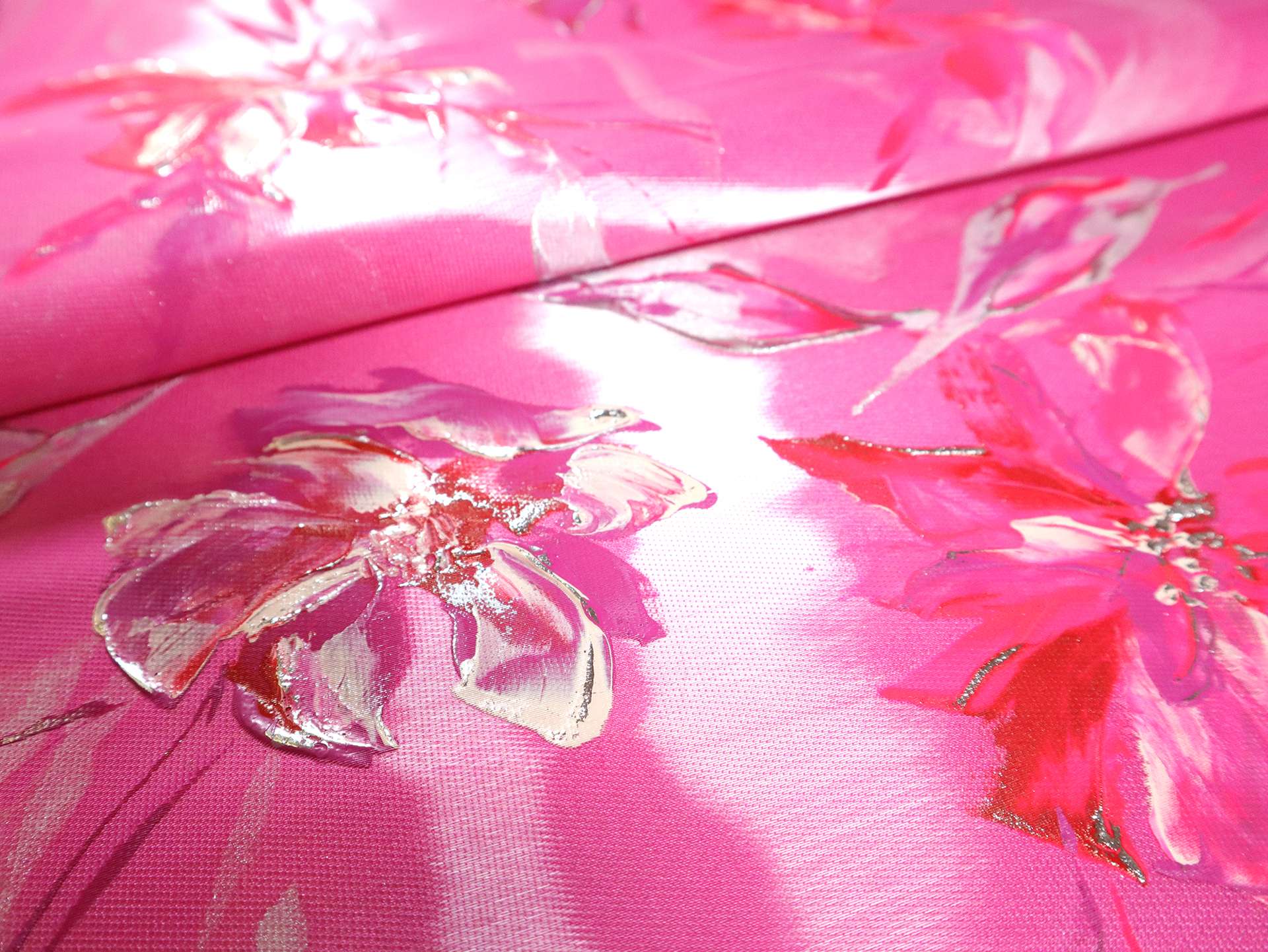Liquid-Look Satin with Hand Painted Florals on Hot Pink