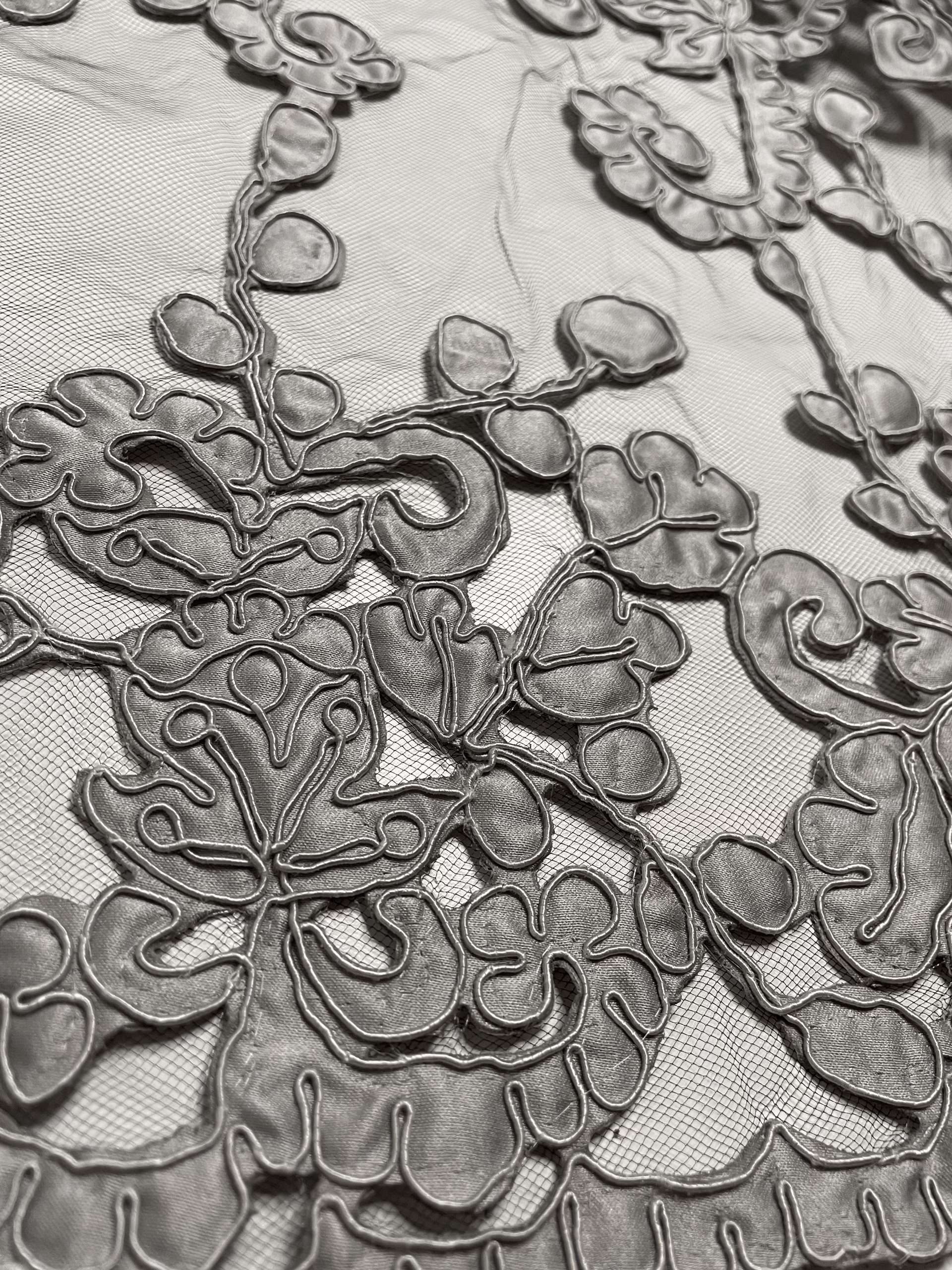 Laser Cut Polyester Embroidered Satin on Tulle