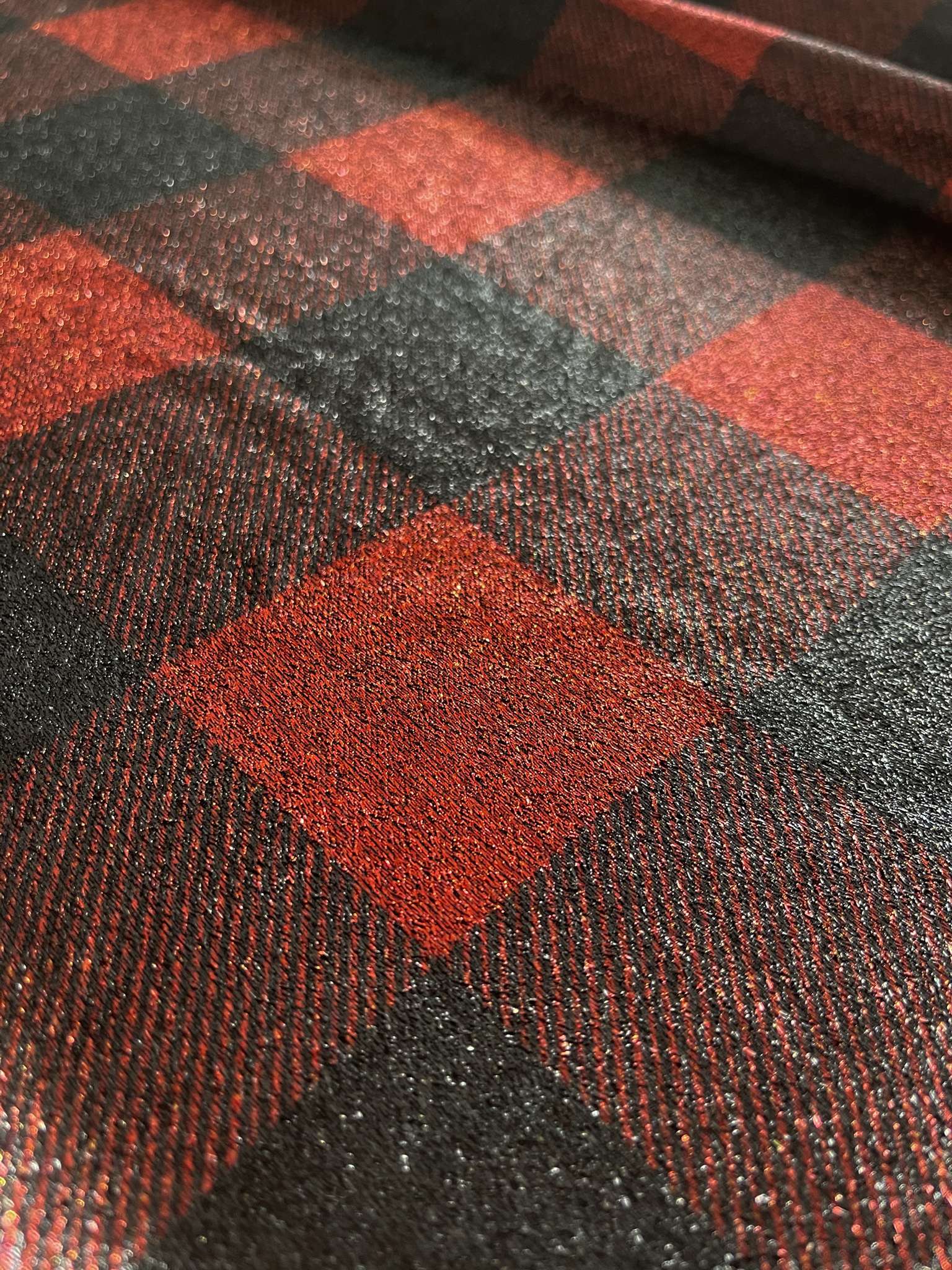 Silk Lurex with oxblood plaid print