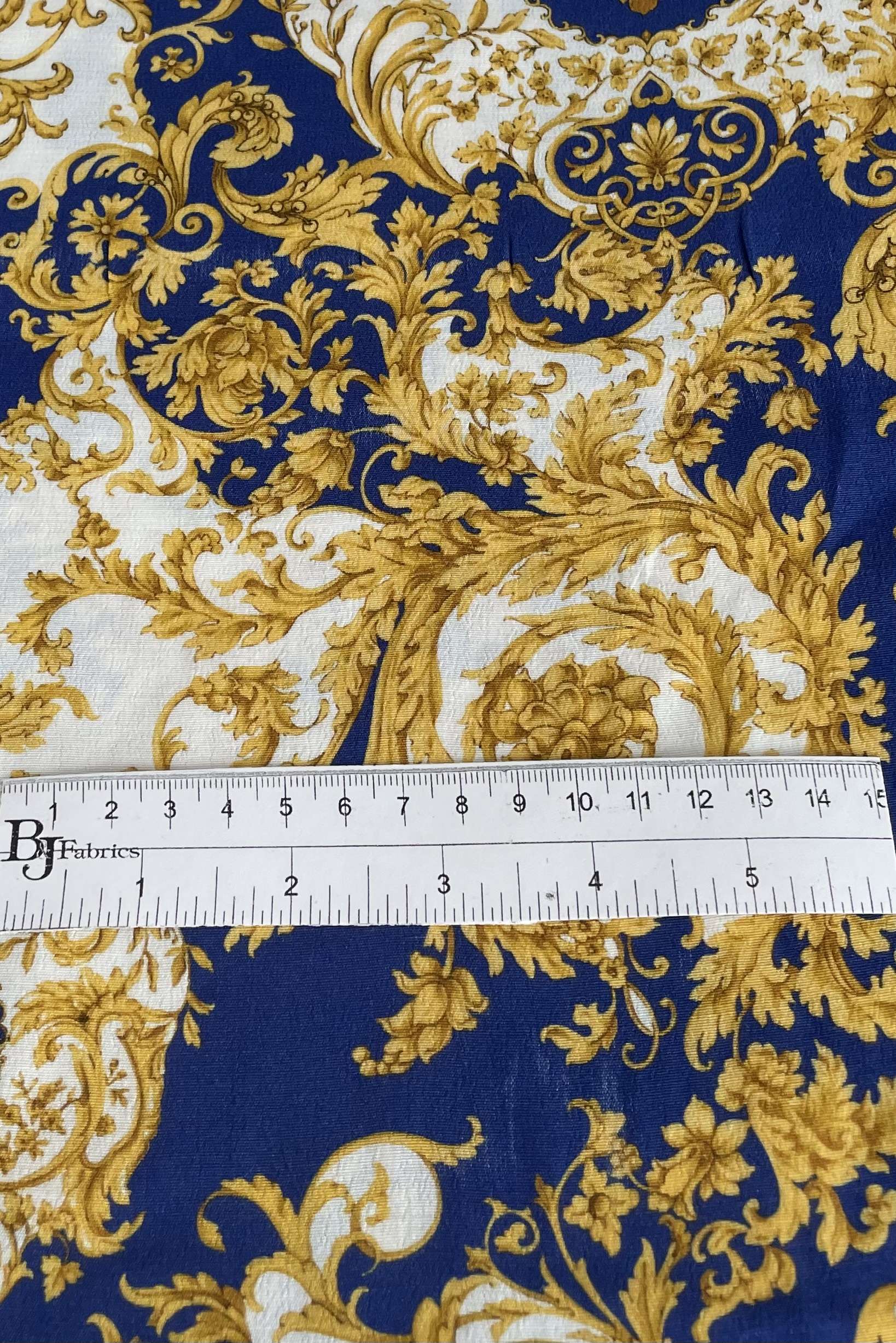 Made in Italy 100% Viscose Challis Baroque Print in Royal/Gold