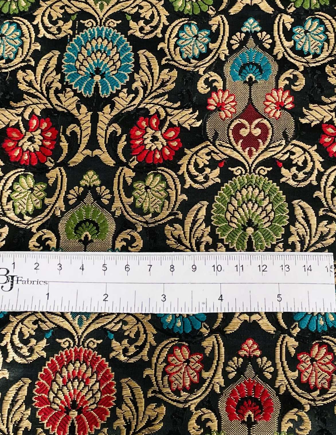 Metallic Brocade in Black Ground with Multi-Colored Gold Metallic Floral