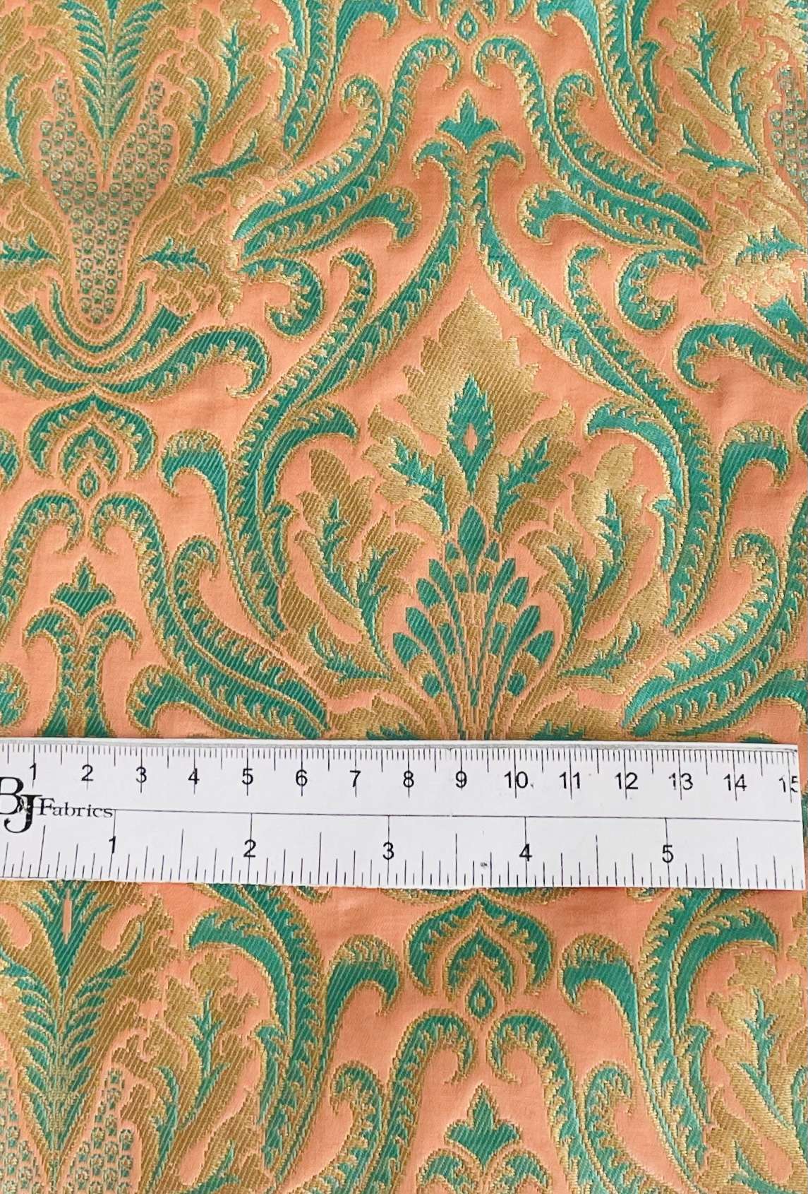 Metallic Brocade in Salmon Ground with Light Turquoise and Gold Baroque Design