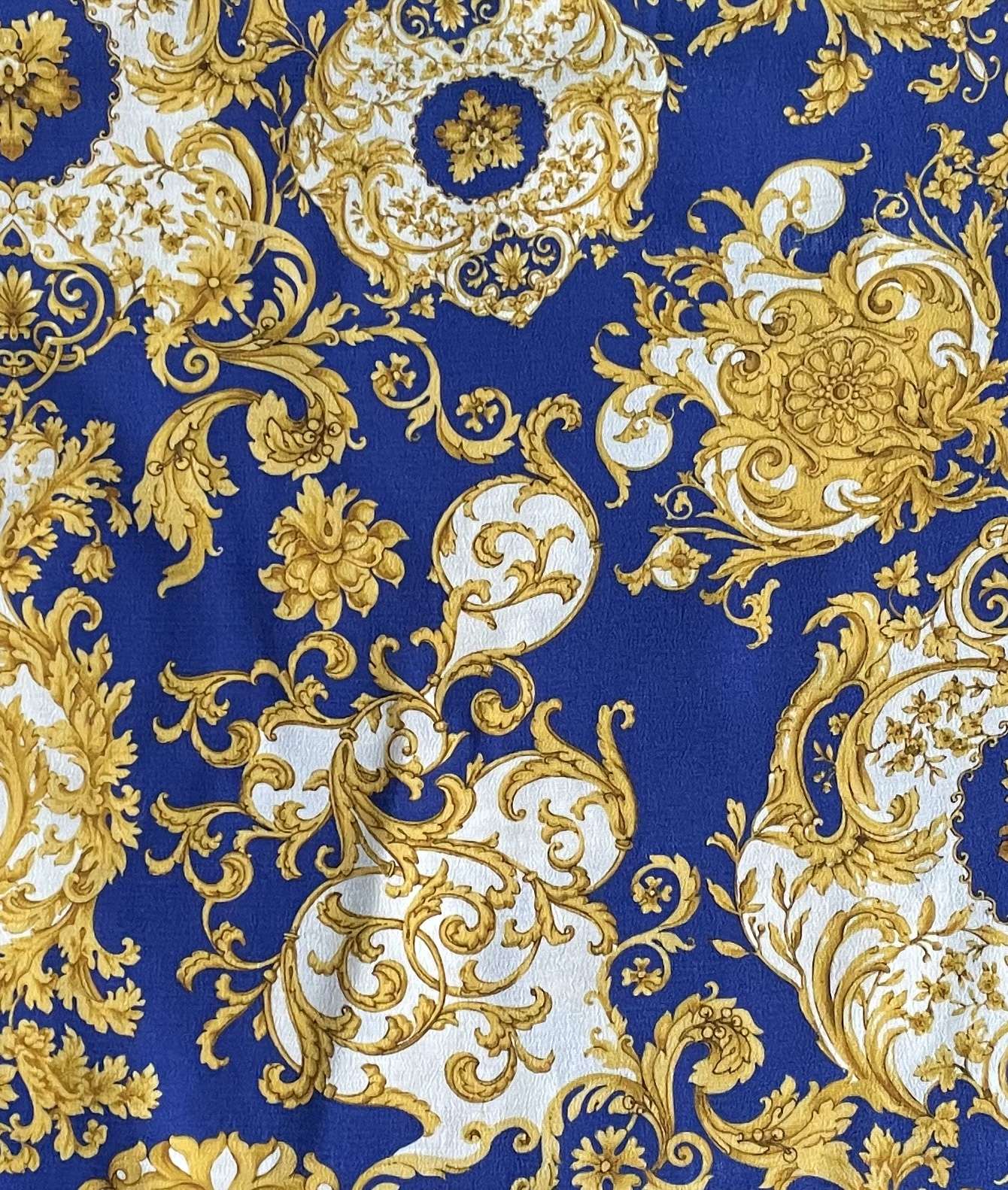 Made in Italy 100% Viscose Challis Baroque Print in Royal/Gold
