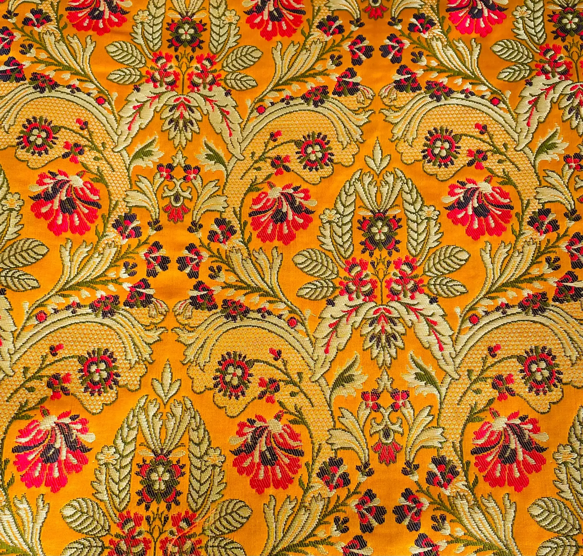 Metallic Brocade in Orange Ground with Multi-Colored Gold Metallic Floral
