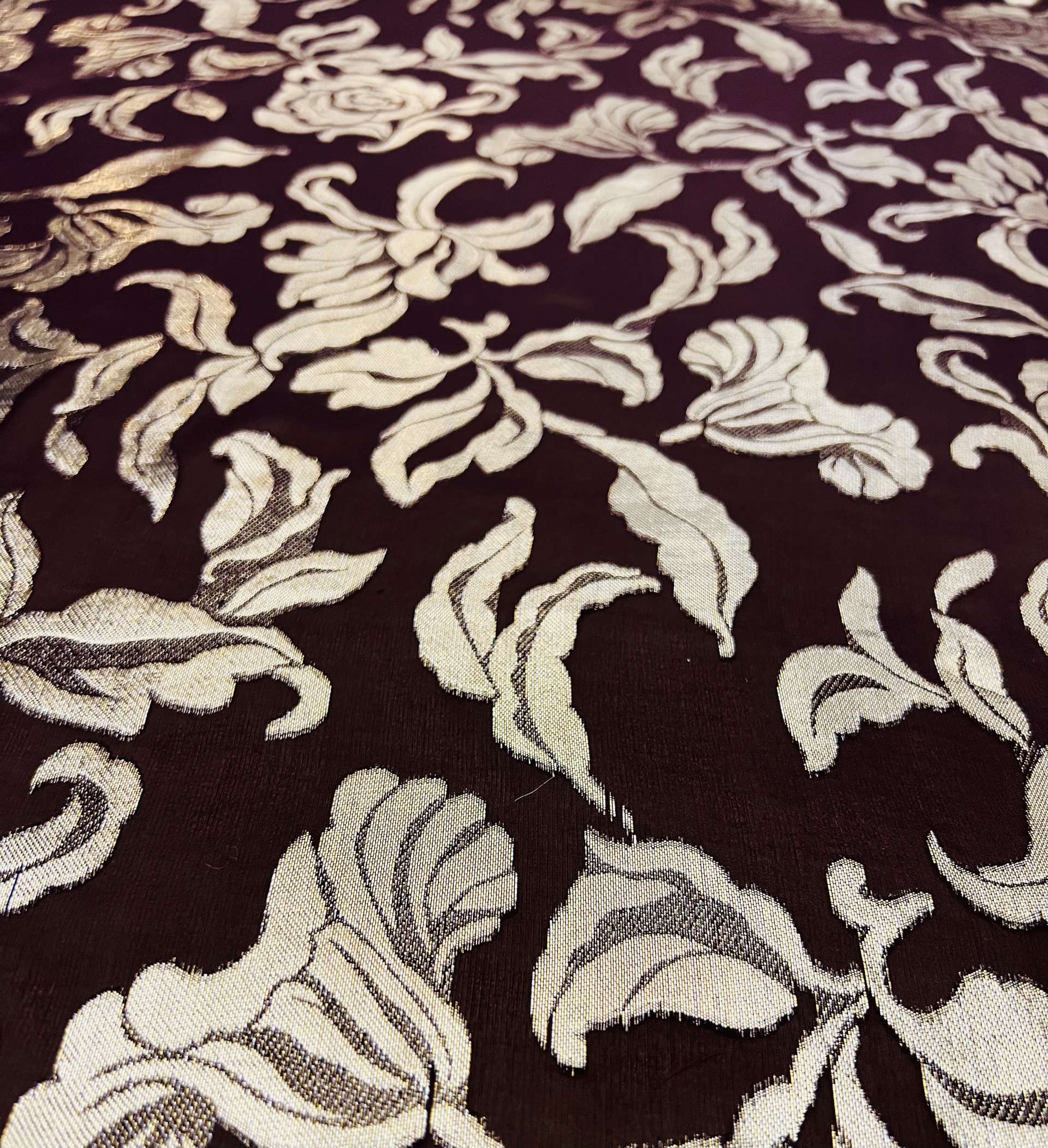 Silk Chiffon with Metallic Fil Coupé Flowers On Dark Maroon ground