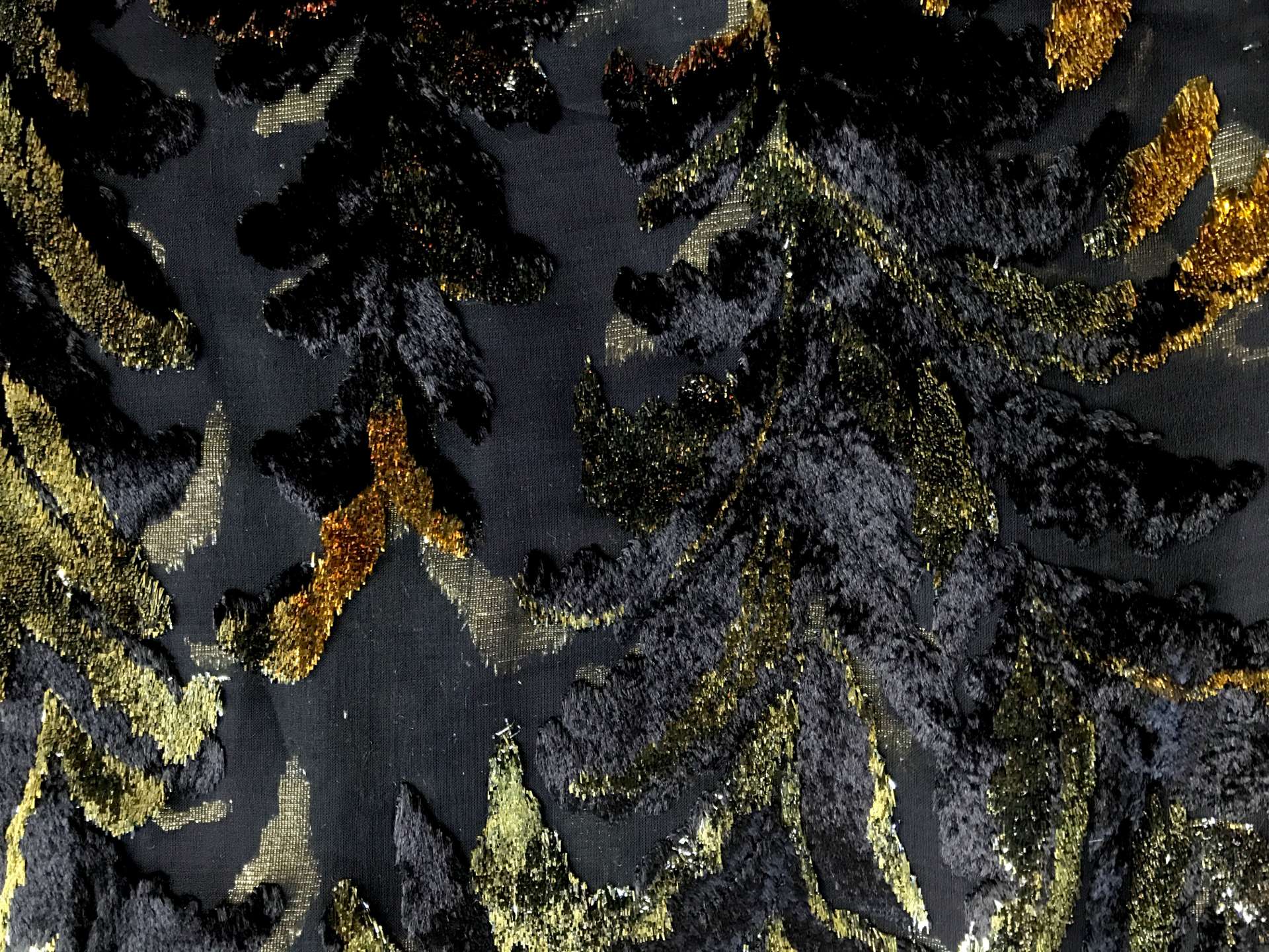 black chiffon with burnout velvet in navy and gold lurex in leaves patterns