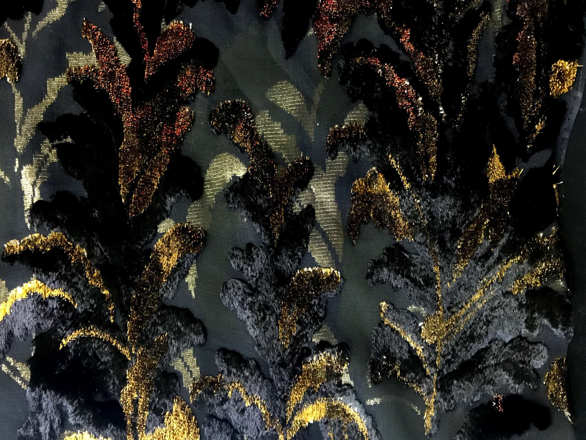black chiffon with burnout velvet in gold lurex in leaf patterns
