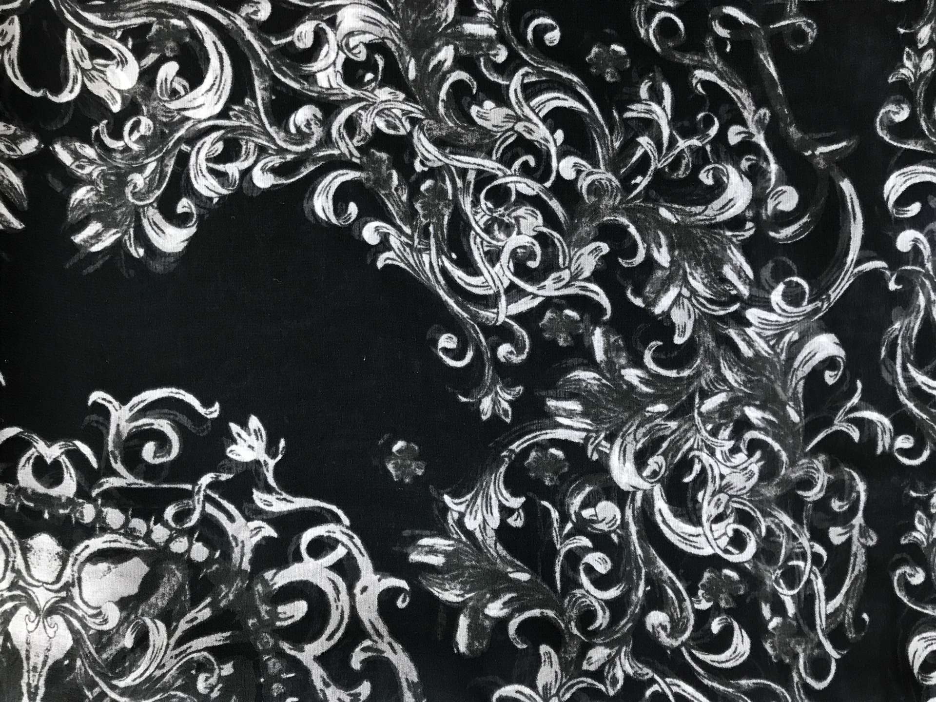printed black chiffon with grey ornamental brocade patterns