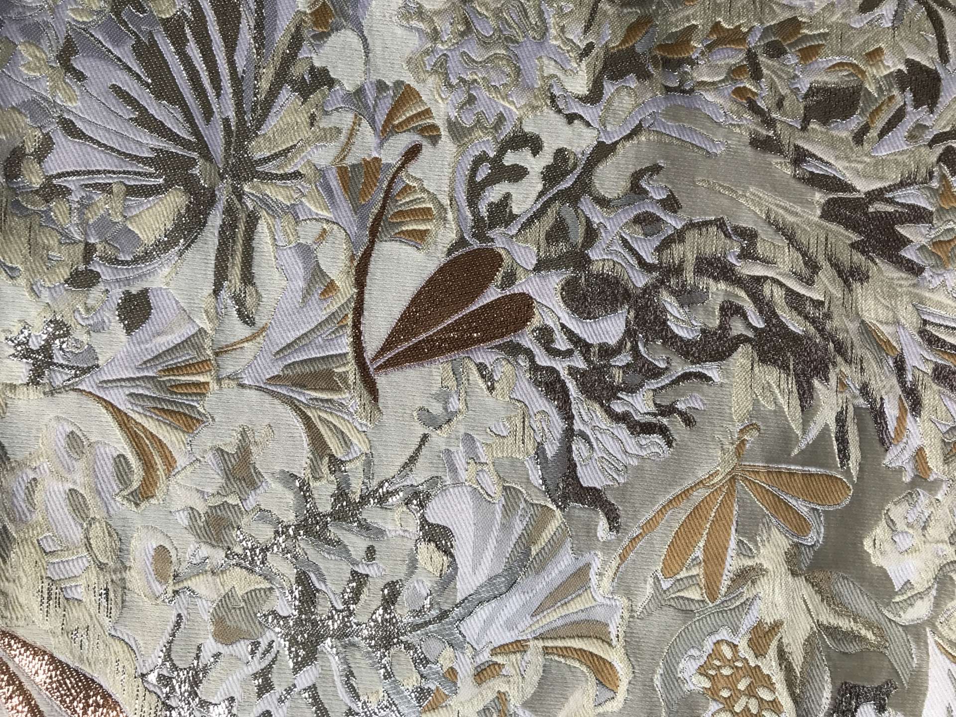 metallic brocade with florals in ivory light gold and silver