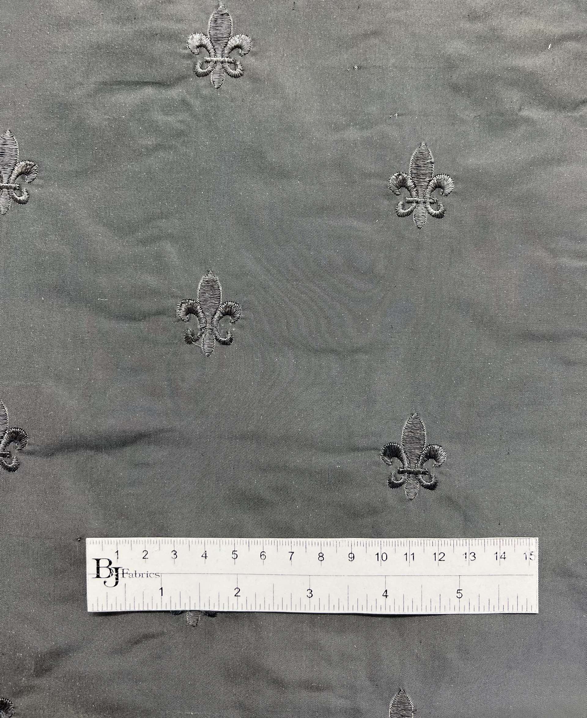Fleur-De-Lis Embroidered Silk Taffeta in Grey