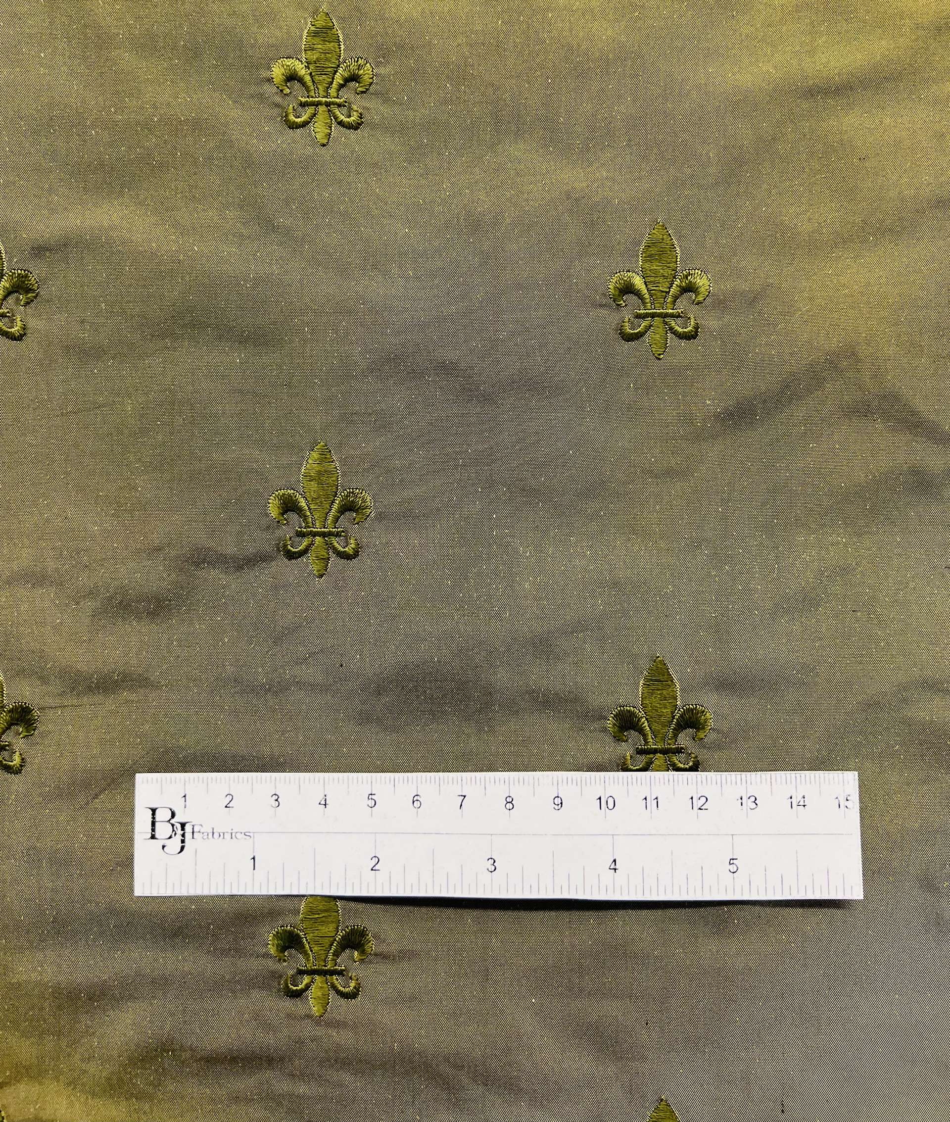 Fleur-De-Lis Embroidered Silk Taffeta in Olive