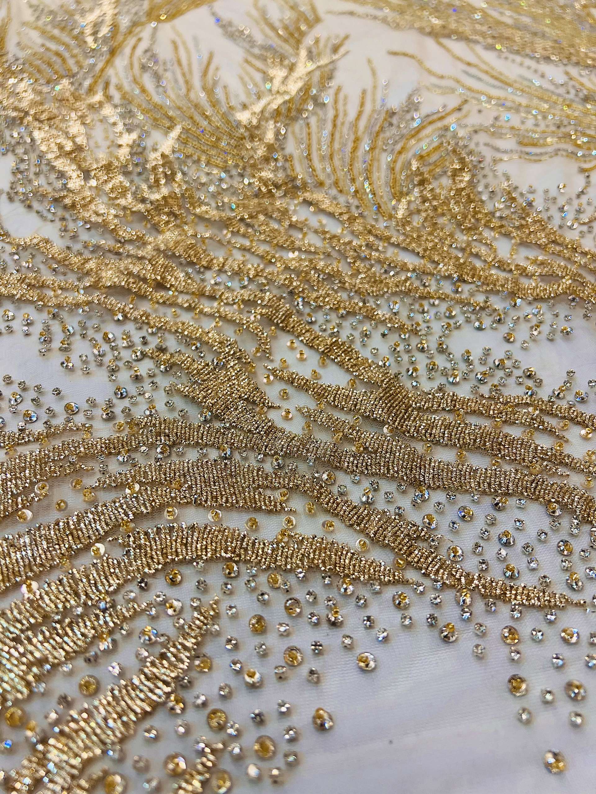 Couture Hand Beaded Tulle with Crystal, Beads and Spring in Gold 