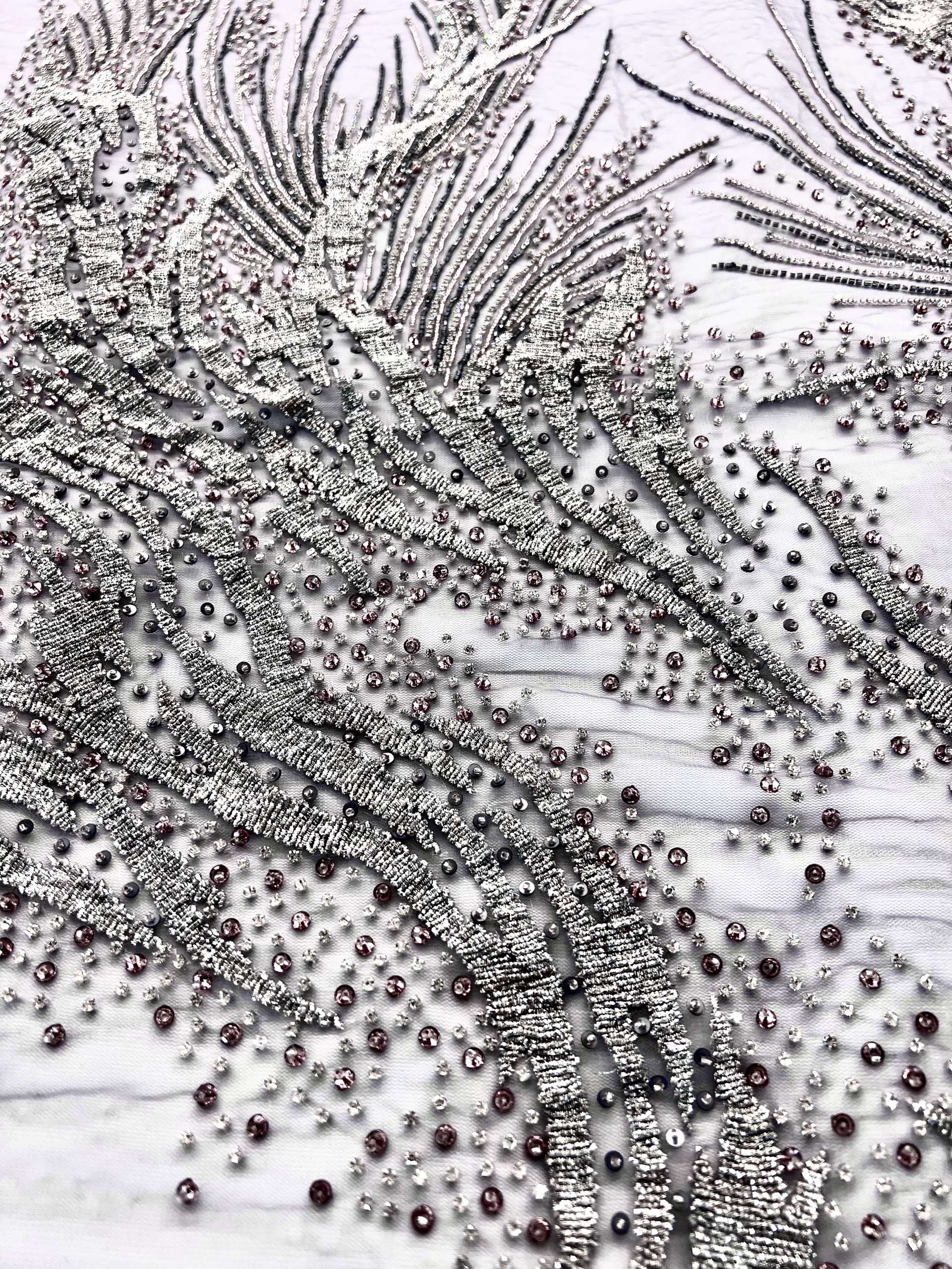 Couture Hand Beaded Tulle with Crystal, Beads and Spring in Lavender 