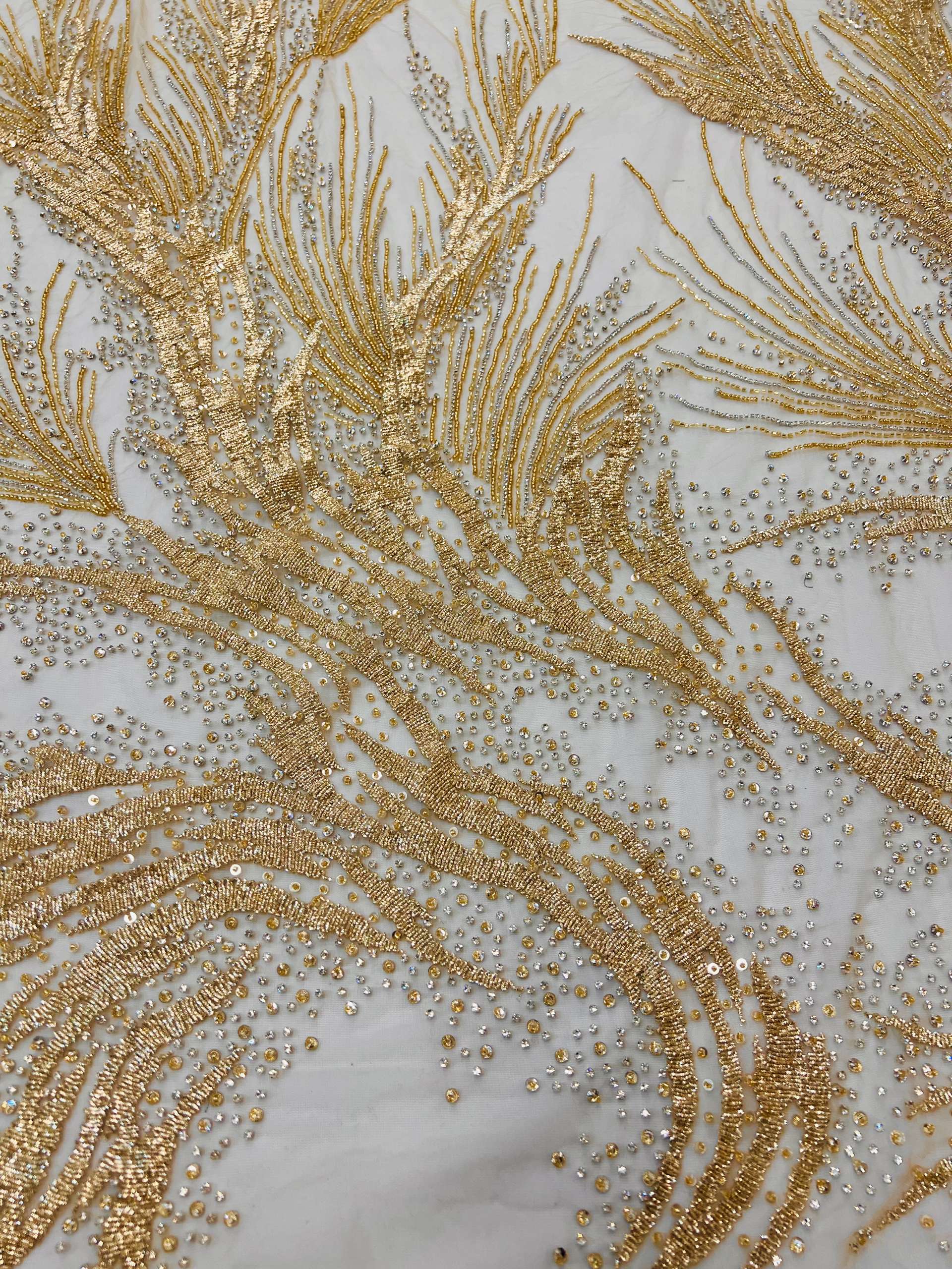Couture Hand Beaded Tulle with Crystal, Beads and Spring in Gold 