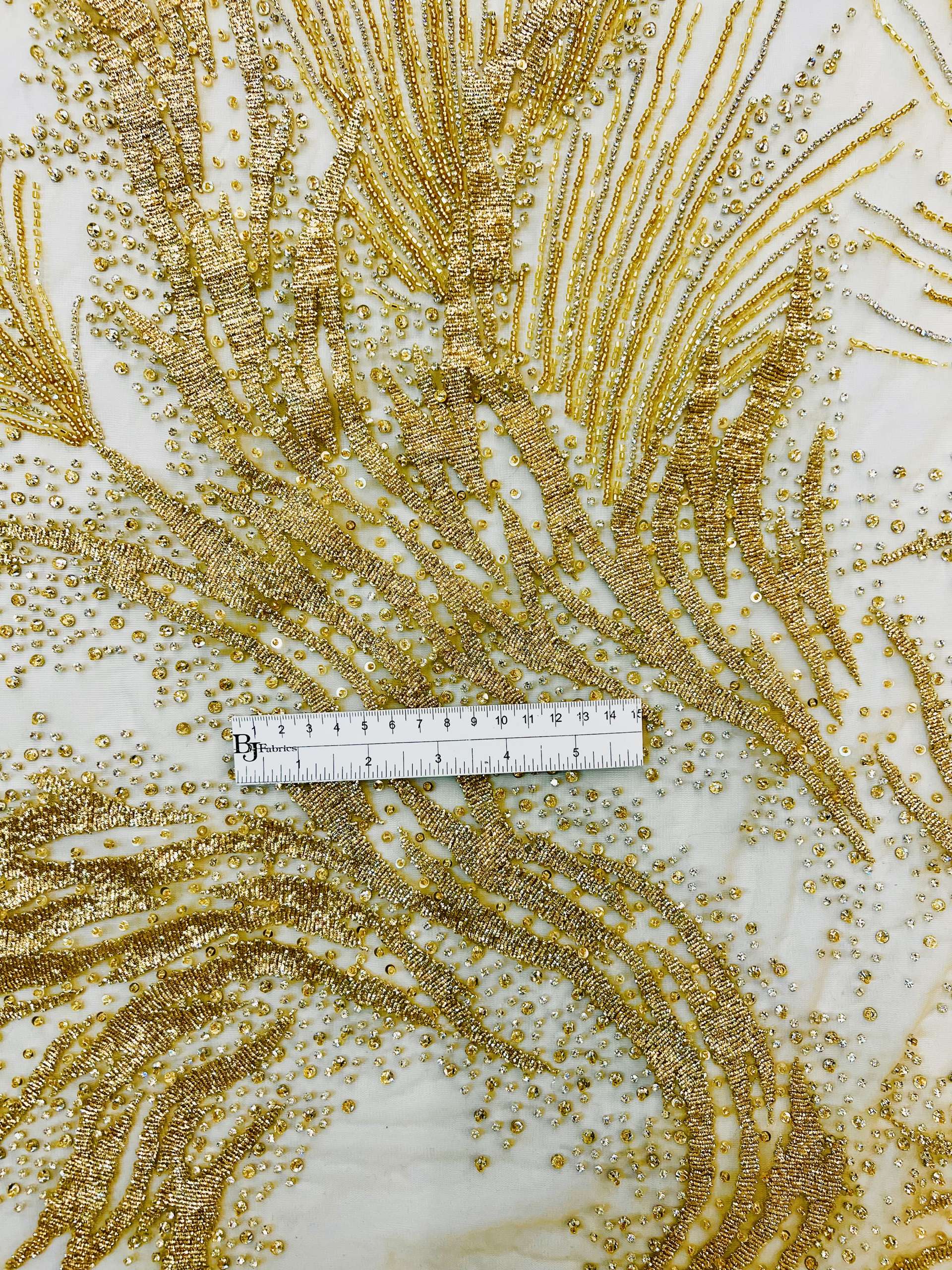 Couture Hand Beaded Tulle with Crystal, Beads and Spring in Gold 