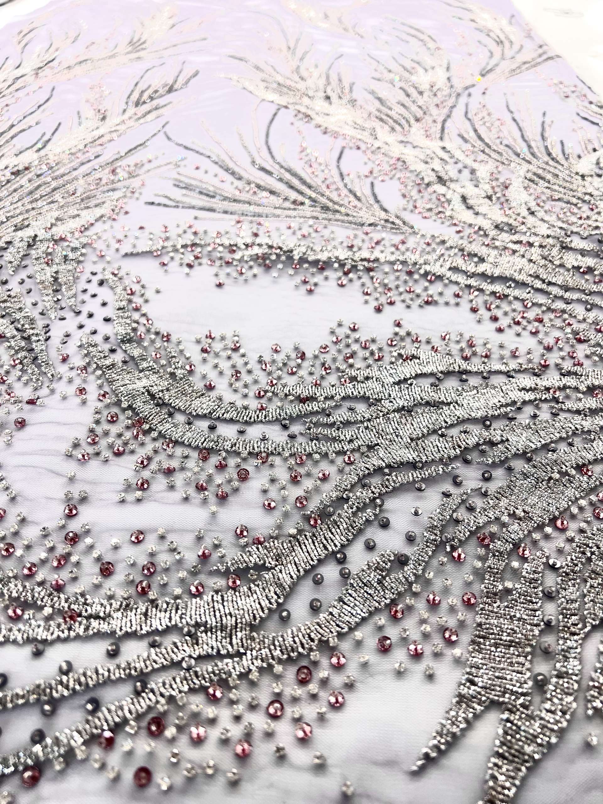 Couture Hand Beaded Tulle with Crystal, Beads and Spring in Lavender 