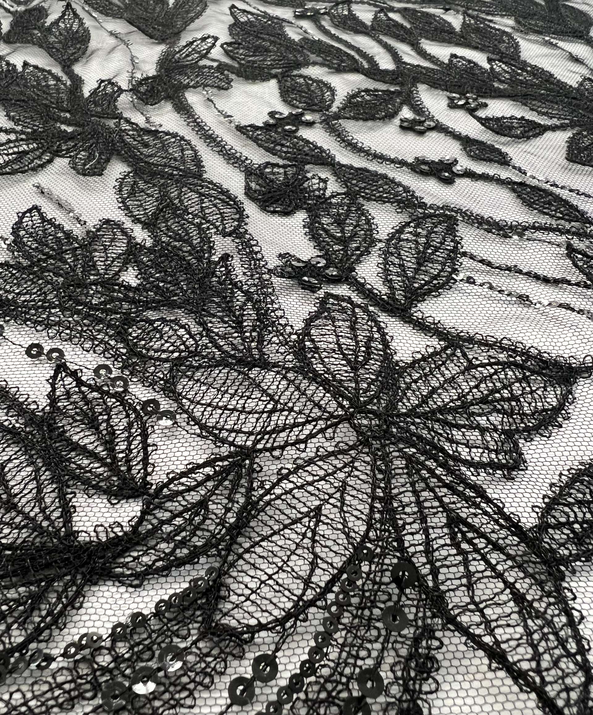 Embroidered Tulle with Botanicals and Sequins Accents in Black