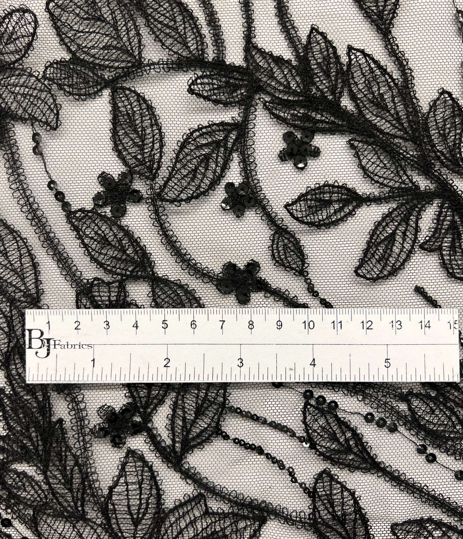 Embroidered Tulle with Botanicals and Sequins Accents in Black