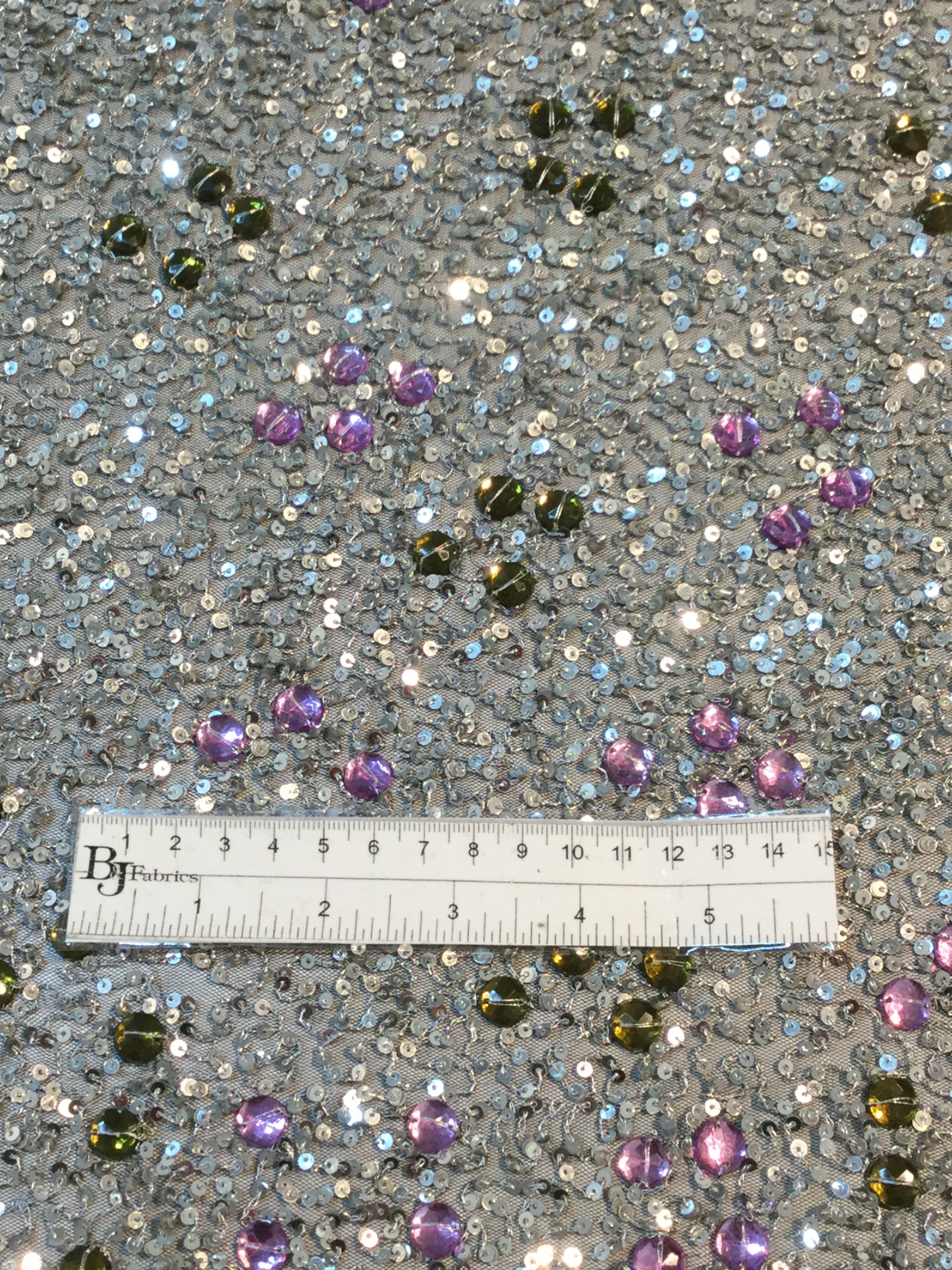 Novelty Sequins and Crystals on Tulle in Olive and Pink