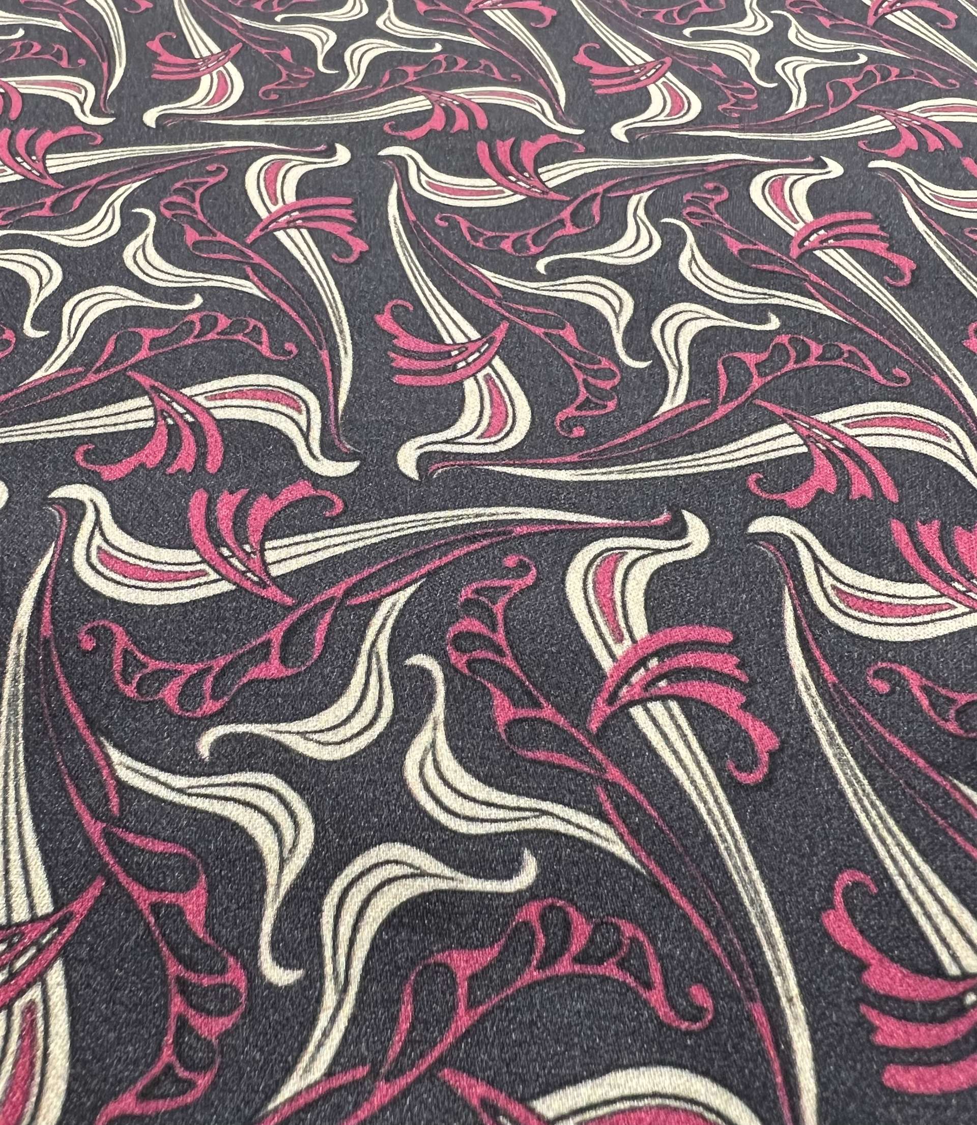 Printed Viscose challis Sateen On Charcoal Ground