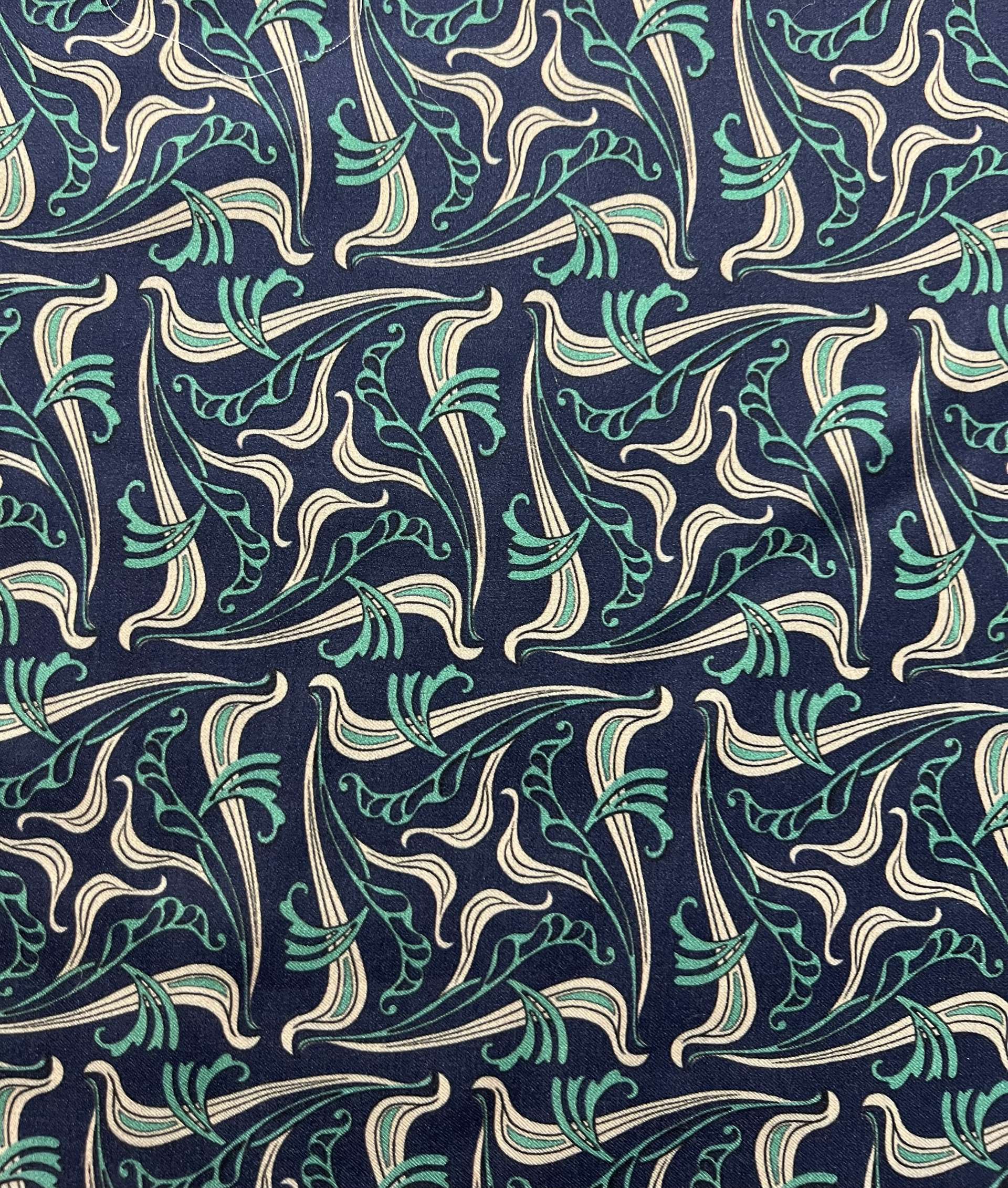 Printed Viscose Sateen Challis on Navy Ground