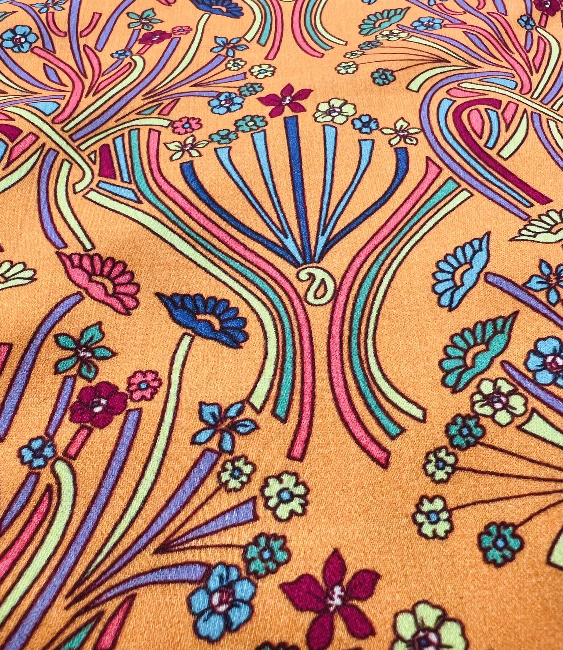 Printed Viscose Challis Sateen On Tangerine Ground