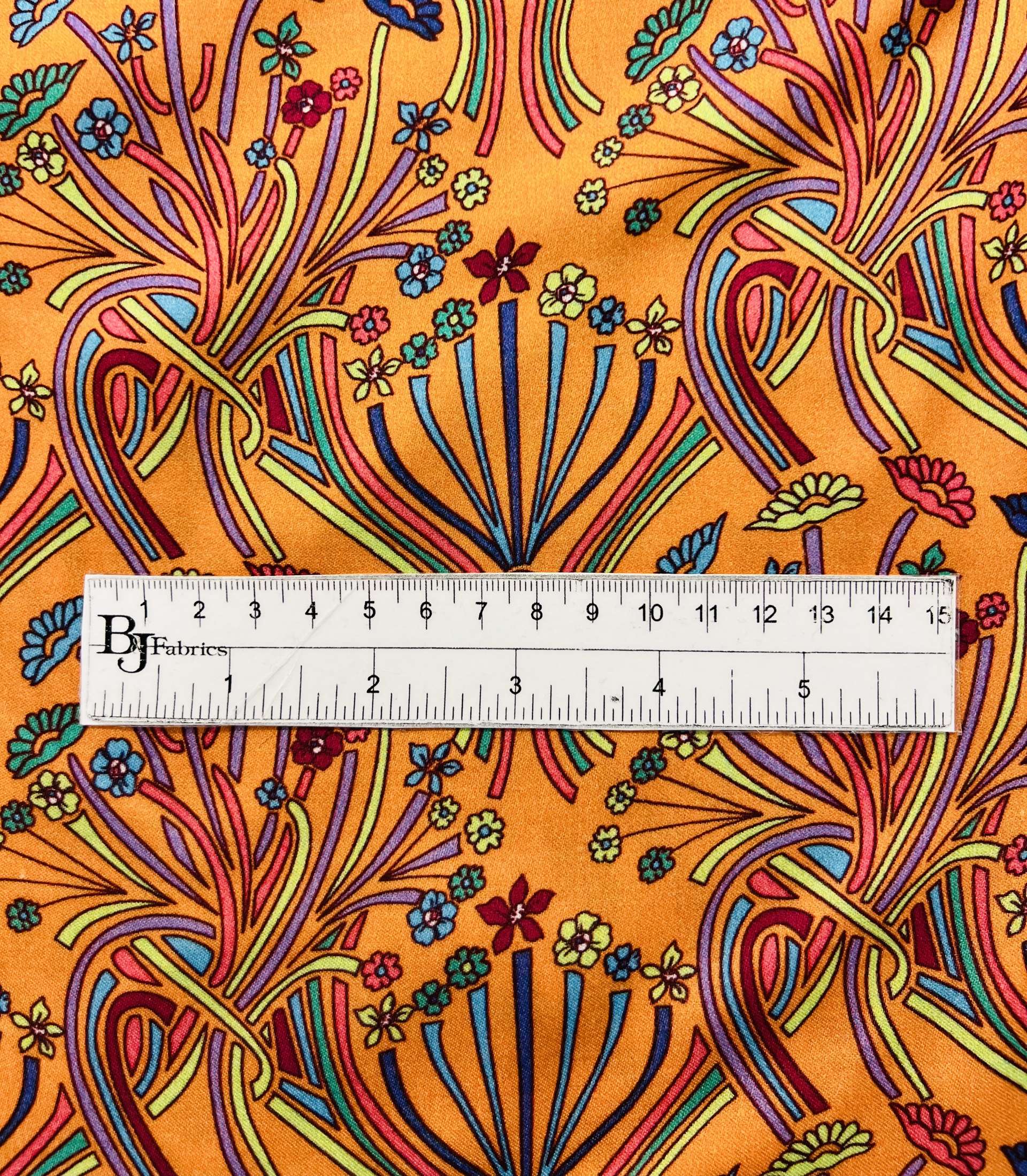 Printed Viscose Challis Sateen On Tangerine Ground