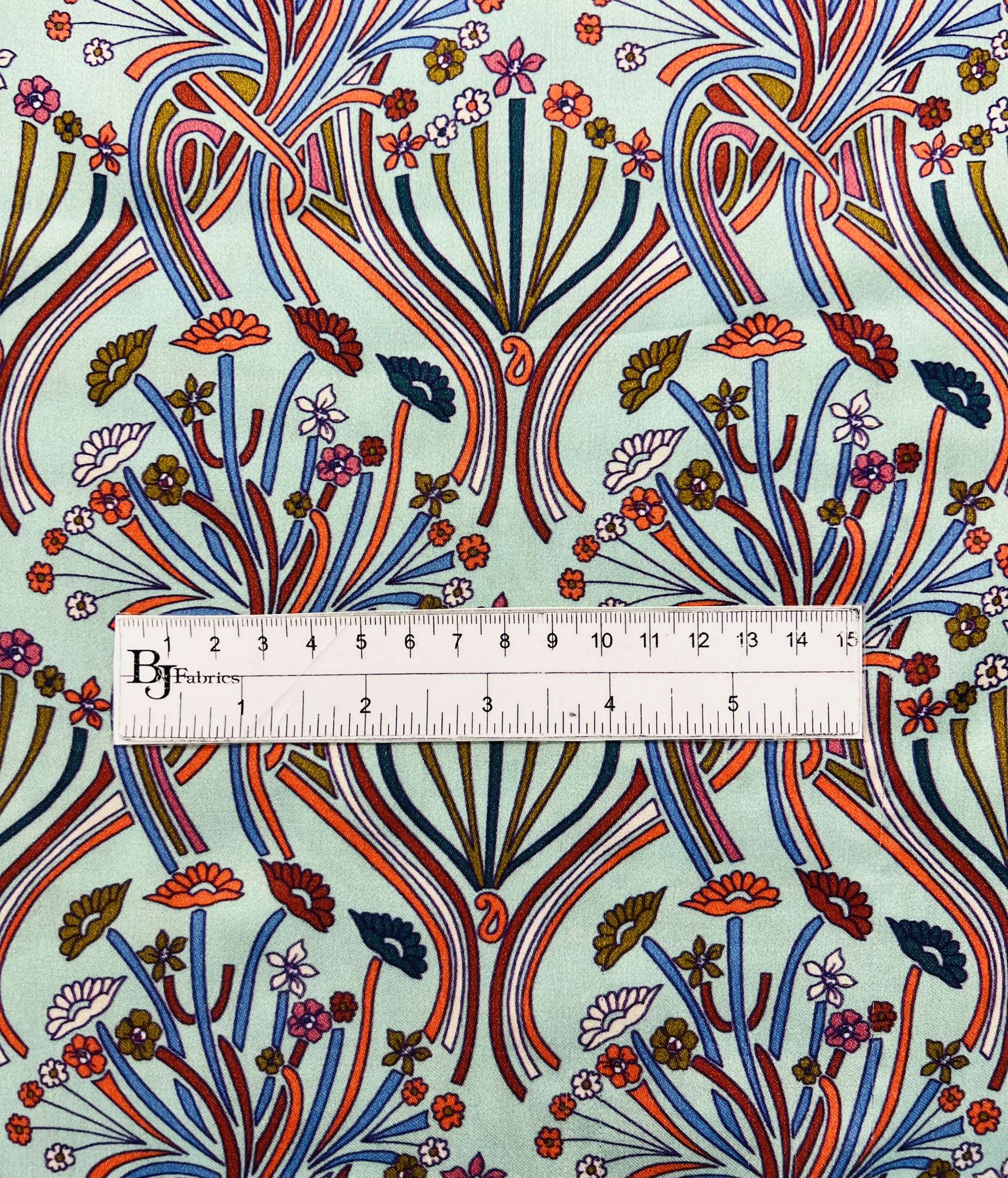 Printed Viscose Challis Sateen On Mint Ground