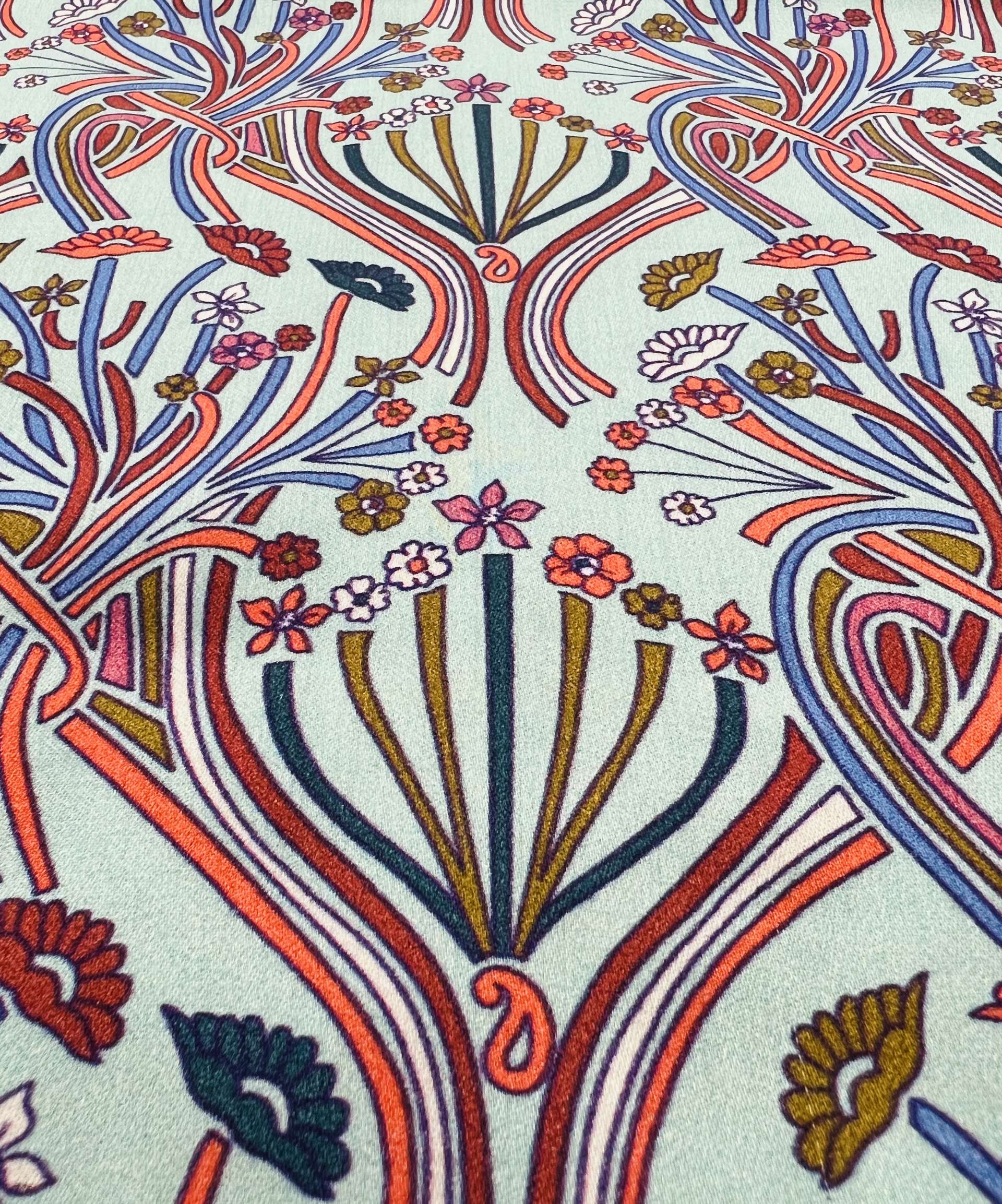 Printed Viscose Challis Sateen On Mint Ground
