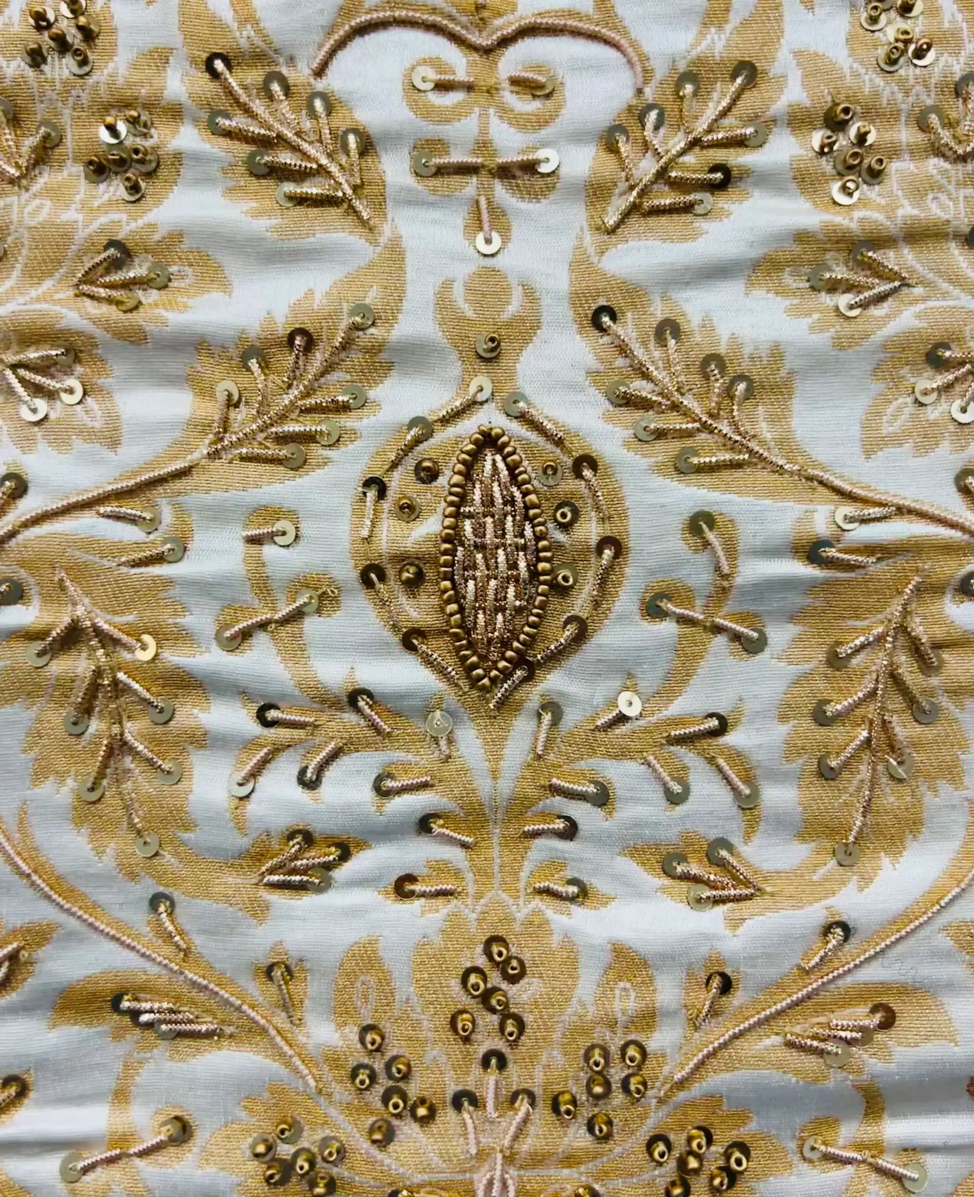 Hand Beaded Rayon Blended Brocade in White and Gold