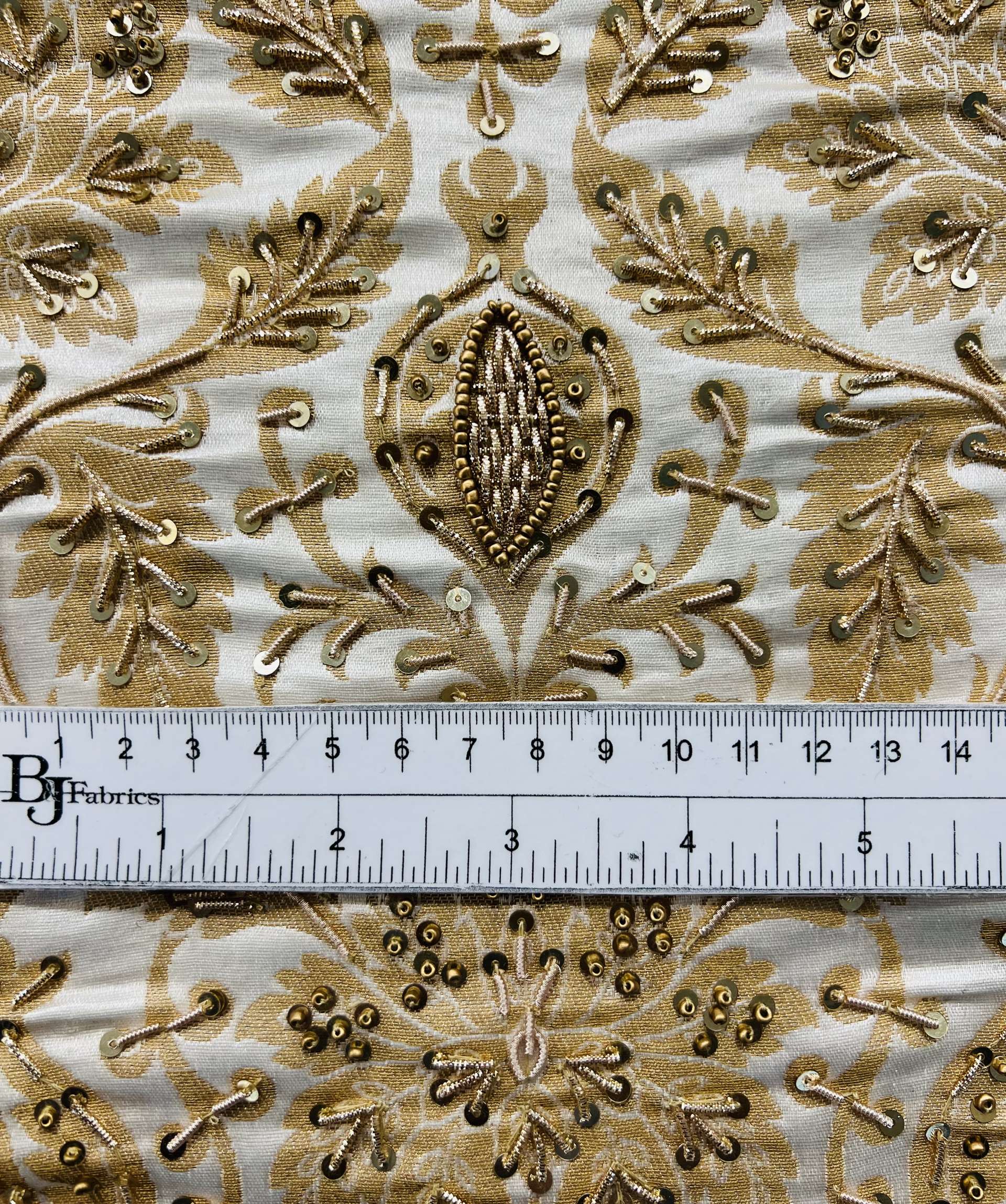 Hand Beaded Rayon Blended Brocade in White and Gold