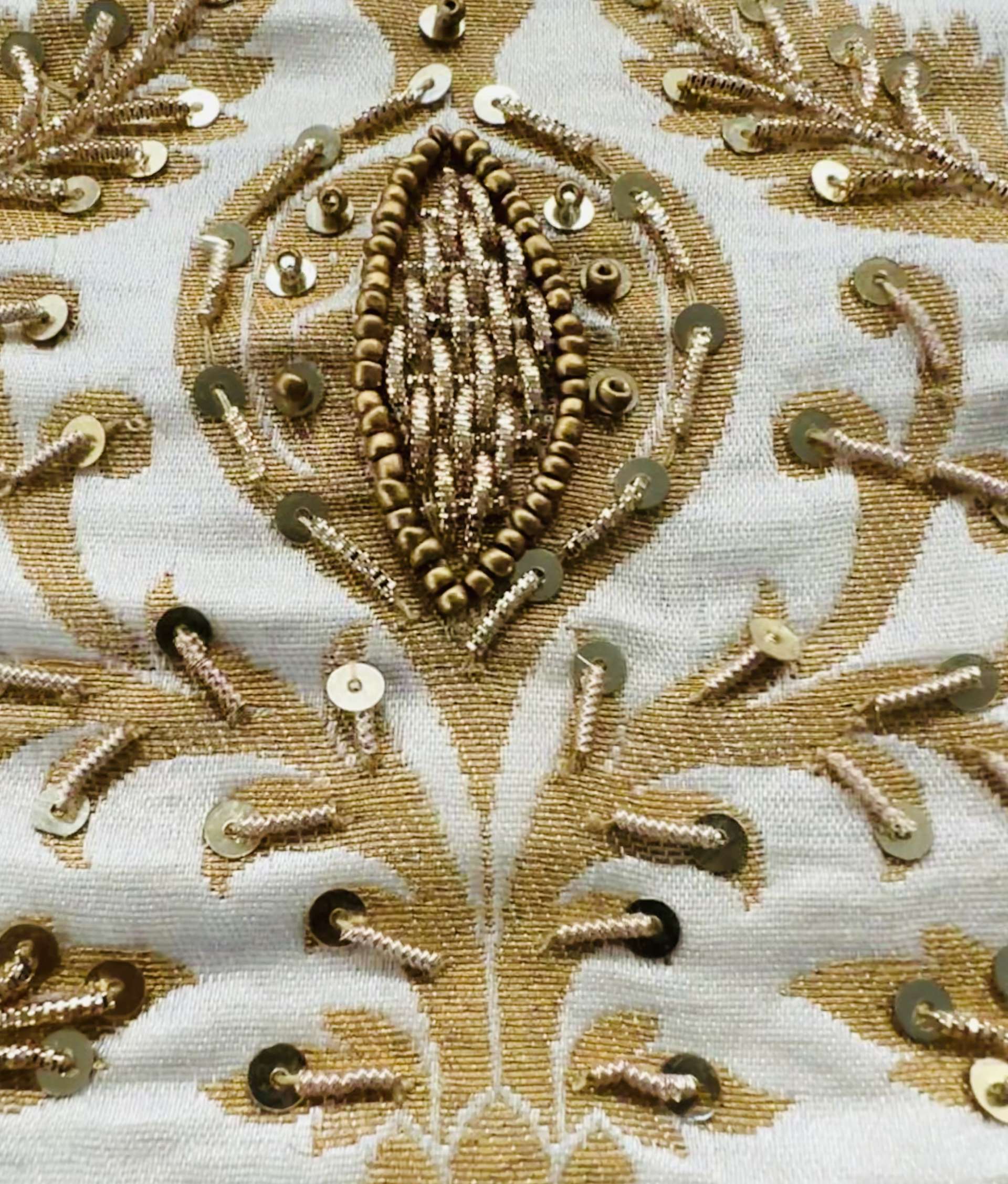 Hand Beaded Rayon Blended Brocade in White and Gold