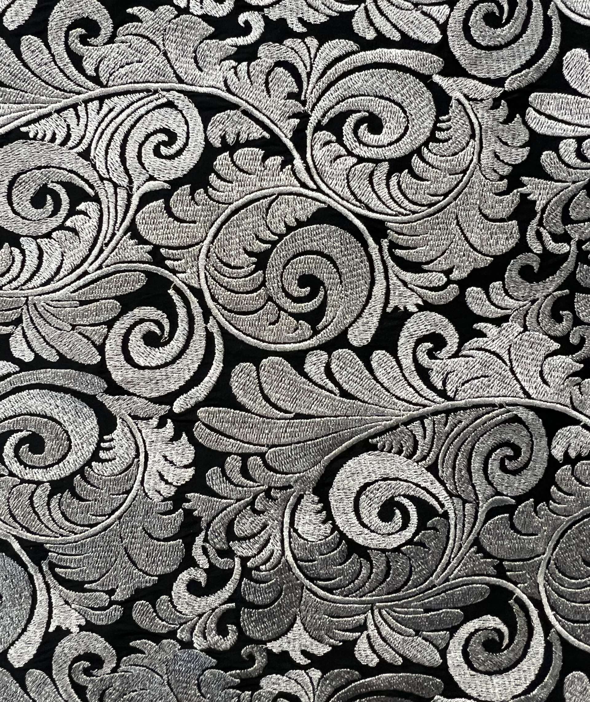 Embroidered Black Taffeta in Silver