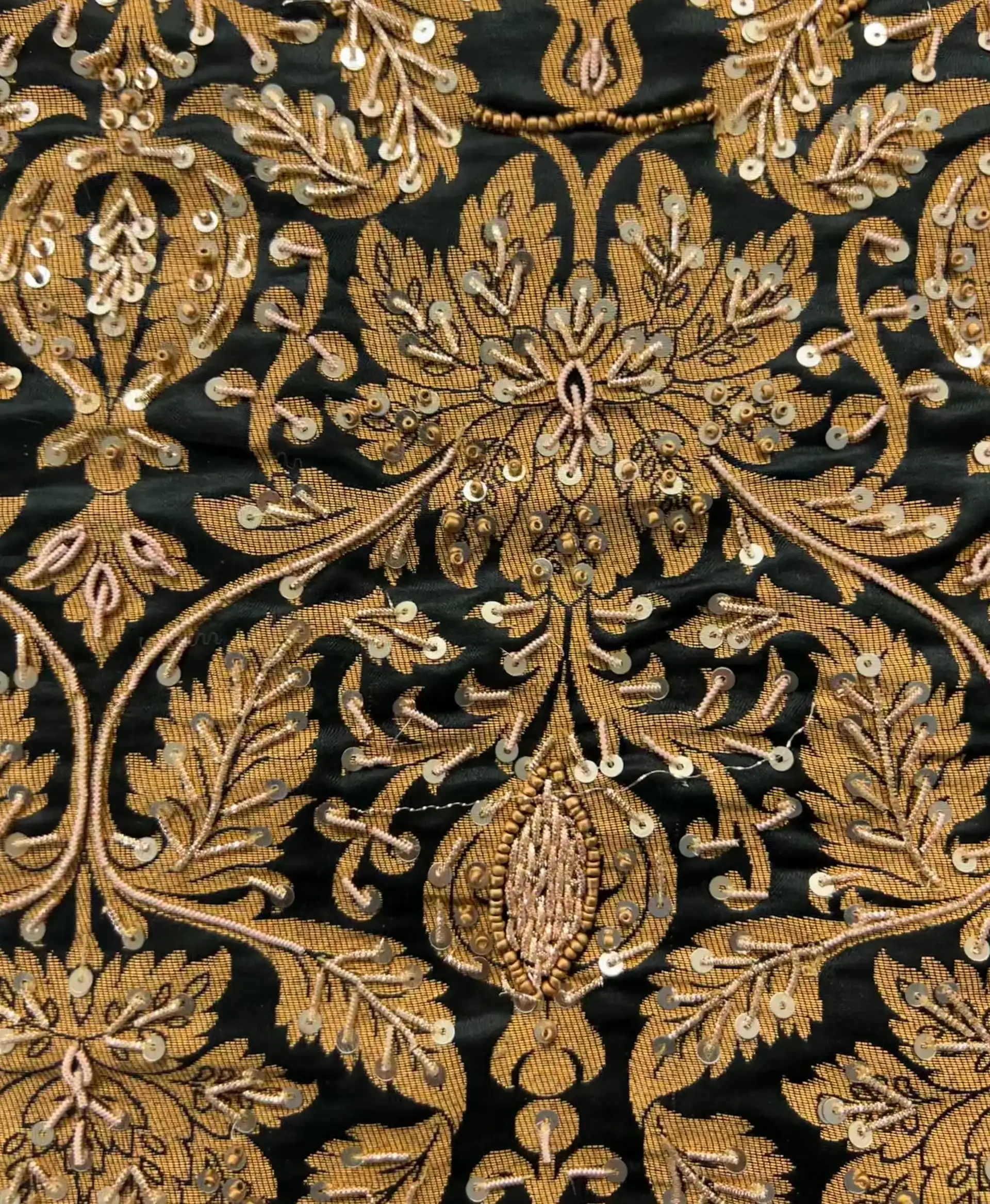 Hand Beaded Rayon Blended Brocade in Black and Gold