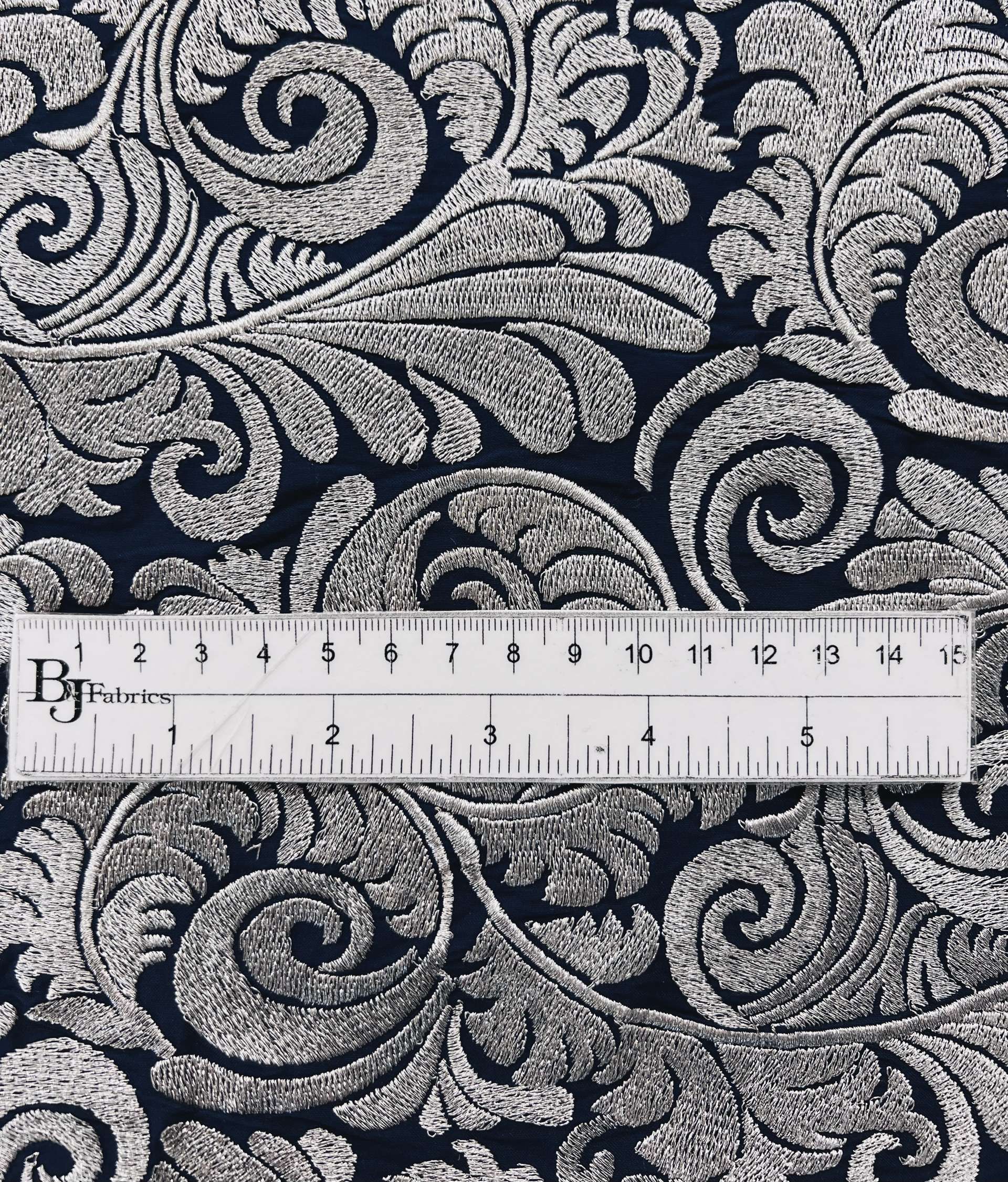 Embroidered NavyTaffeta in Silver