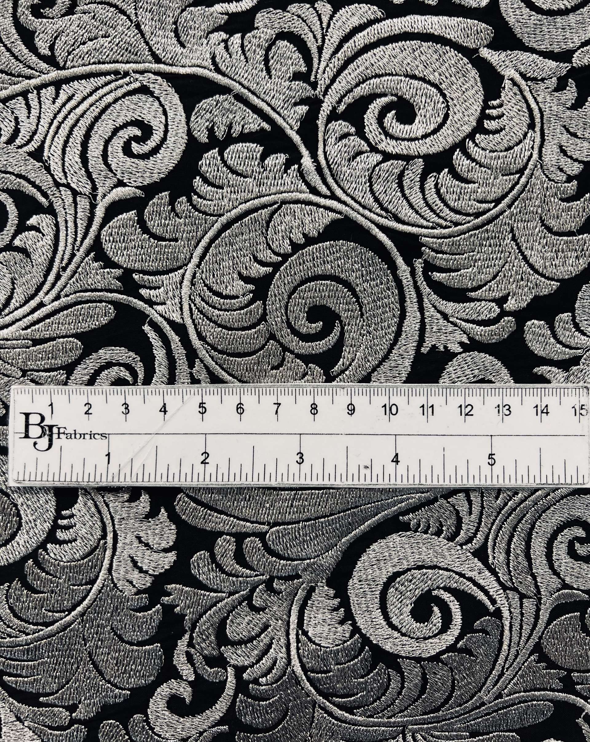 Embroidered Black Taffeta in Silver