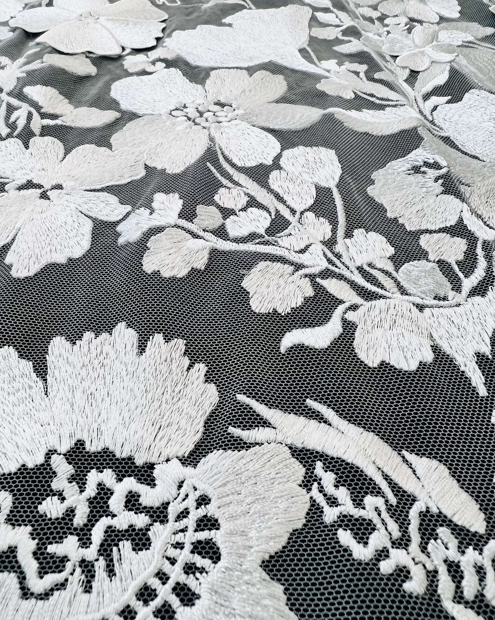Embroidered Tulle in White Made To Order