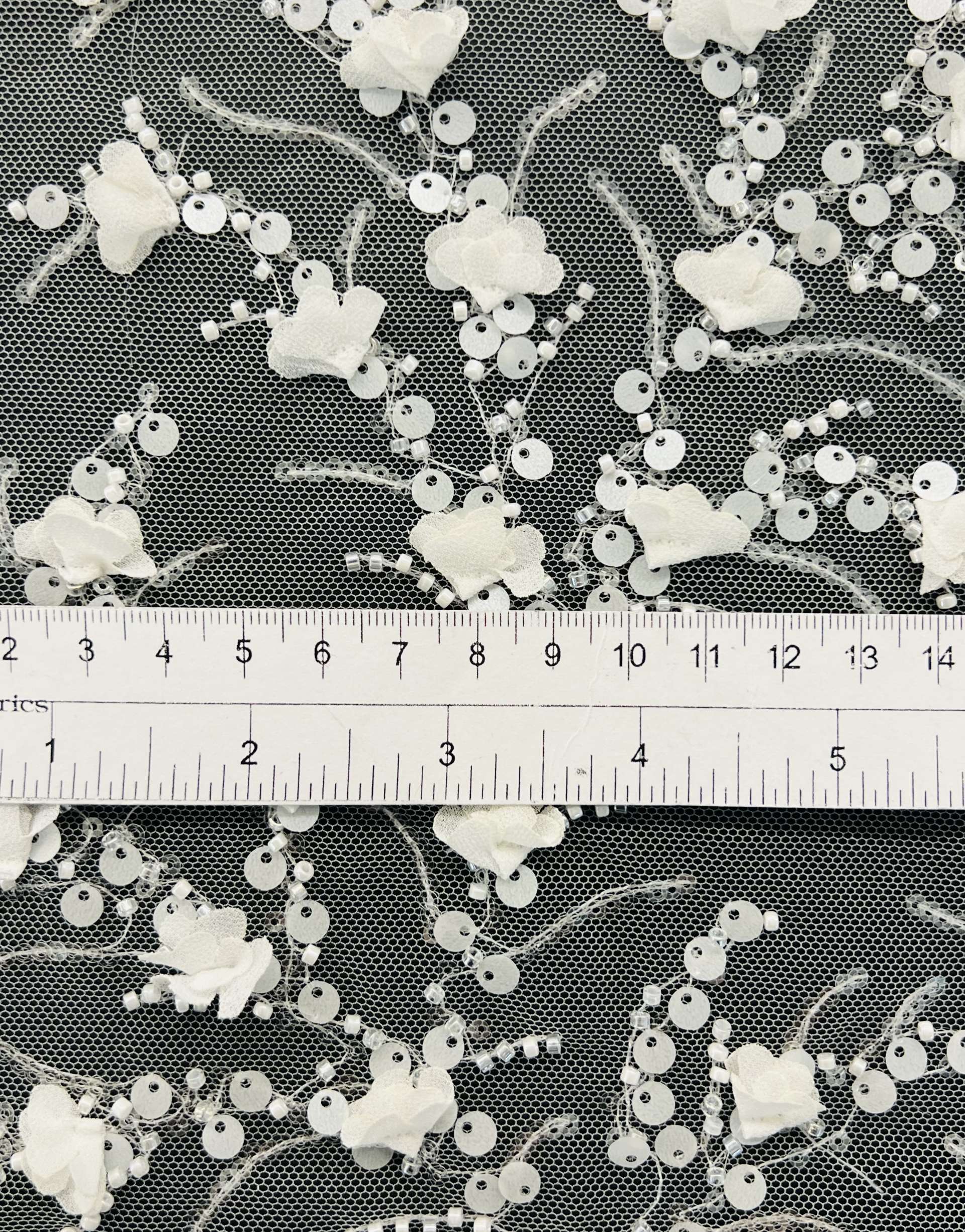 Hand Beaded and Sequined Nylon Tulle in White