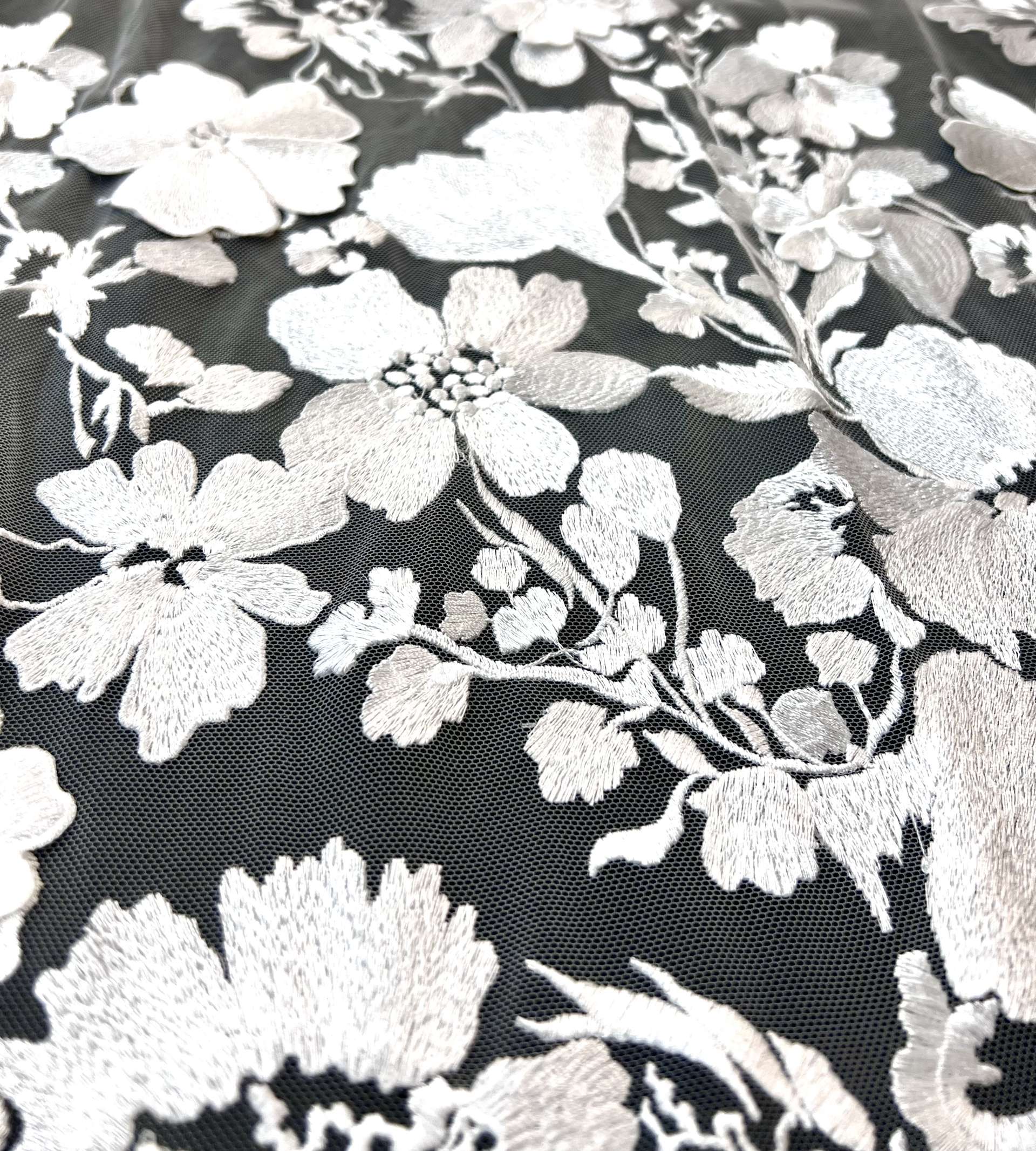 Embroidered Tulle in White Made To Order