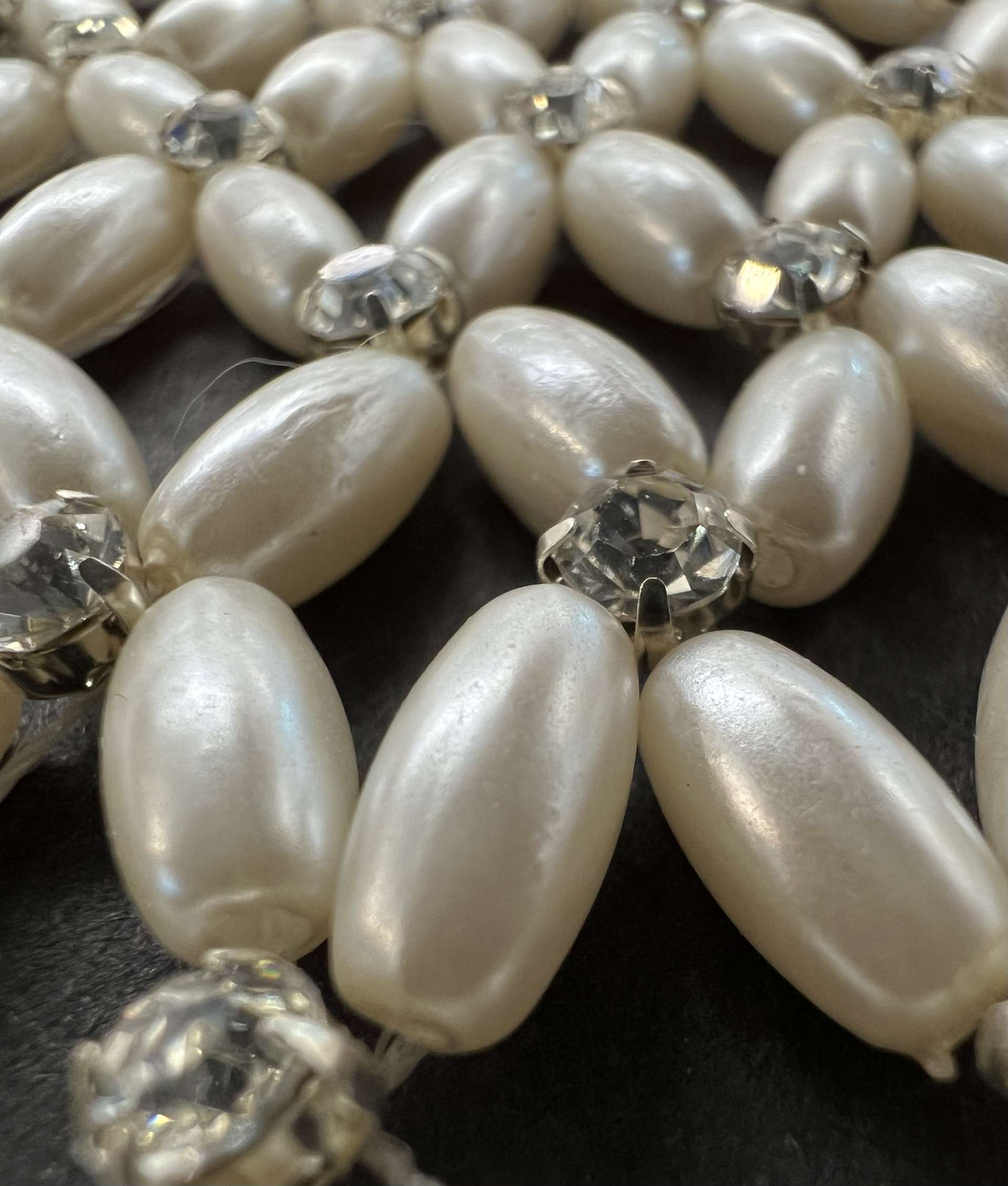 Hand Sewn Pearls and Crystal on Mesh in Champagne  